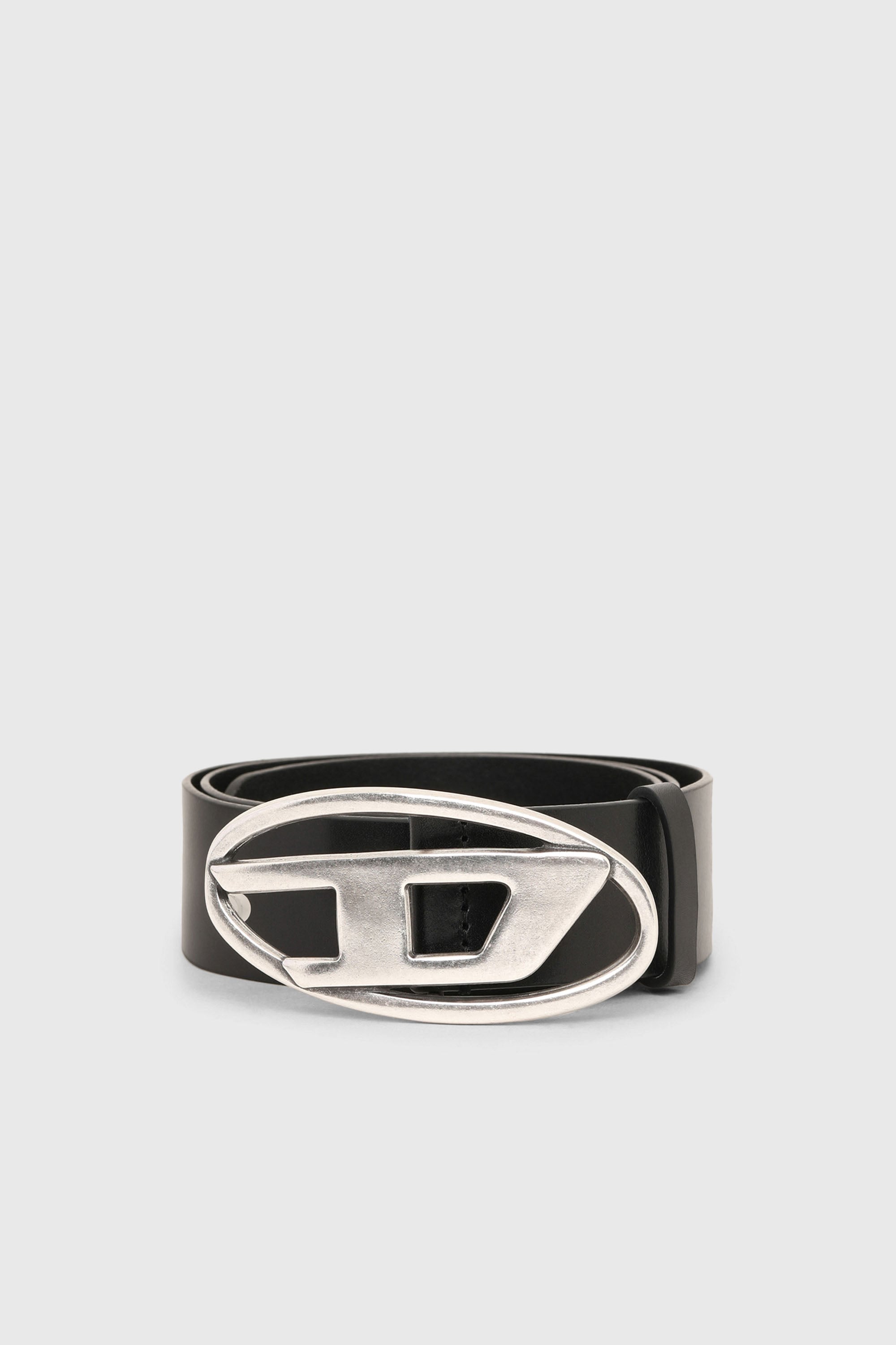 Diesel - B-1DR, Ceinture en cuir &agrave; boucle en D argent&eacute;e vieillie Homme in Noir - 1