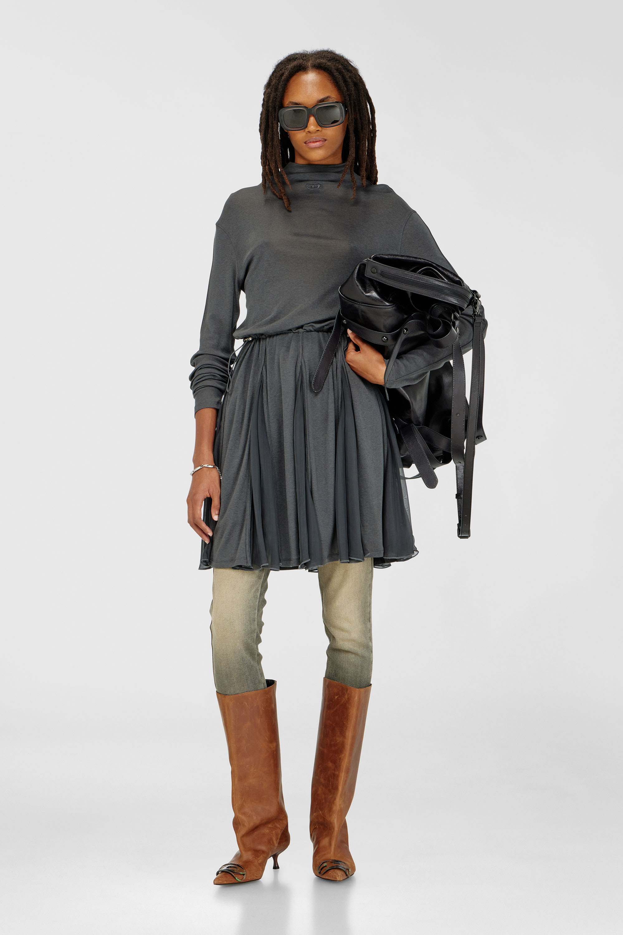 Diesel - D-REI, Robe courte &agrave; col roul&eacute; en jersey et chiffon Femme in Gris - 2