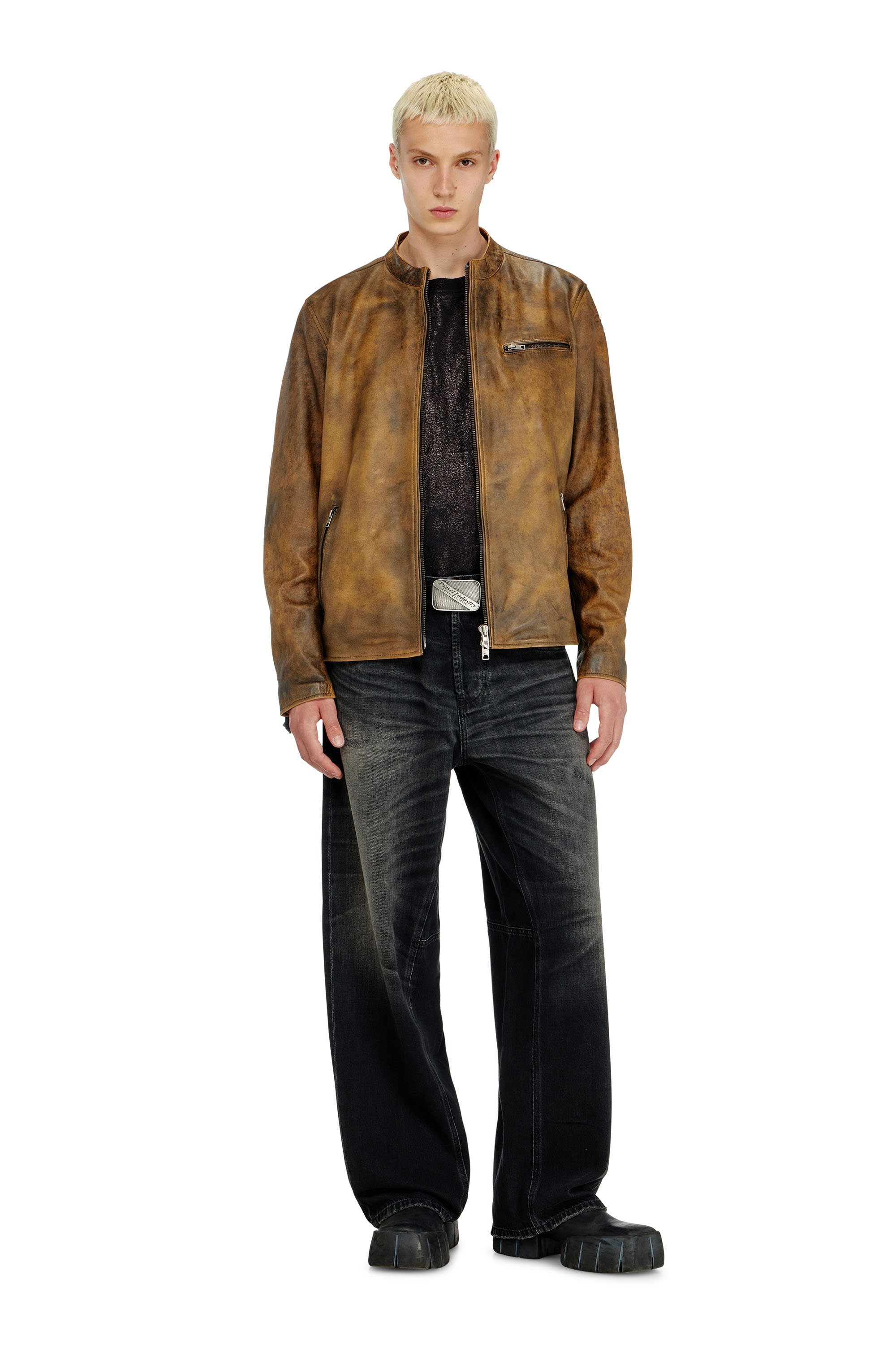 Diesel - L-ZAD-KNCZ, Biker jacket en cuir trait&eacute; Homme in Marron - 2
