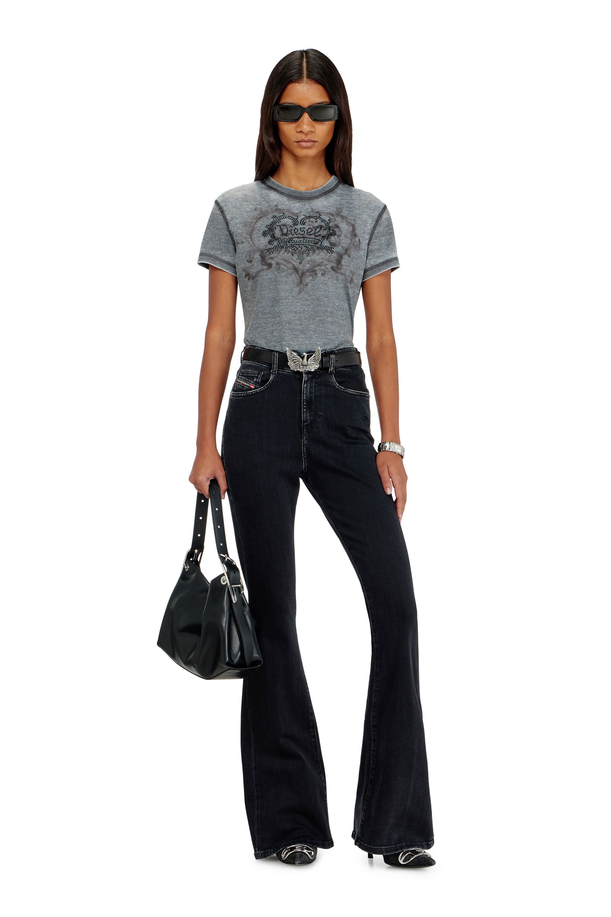 Diesel - T-ILA-AA1, T-shirt en jersey avec strass et burnout effect Femme in Gris - 2