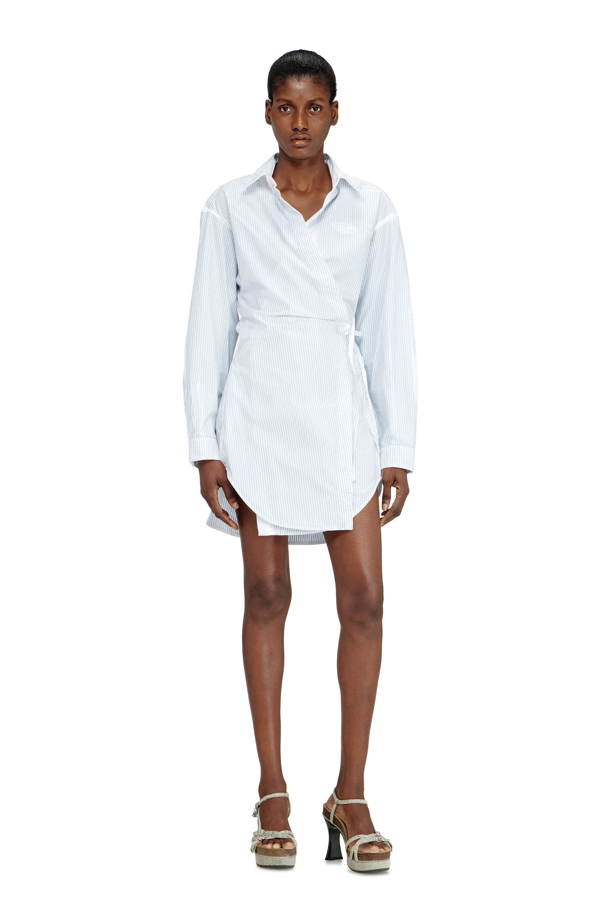 Diesel - D-DELPHOS-S2, Robe portefeuille courte en popeline &agrave; fines rayures Femme in Bleu - 3