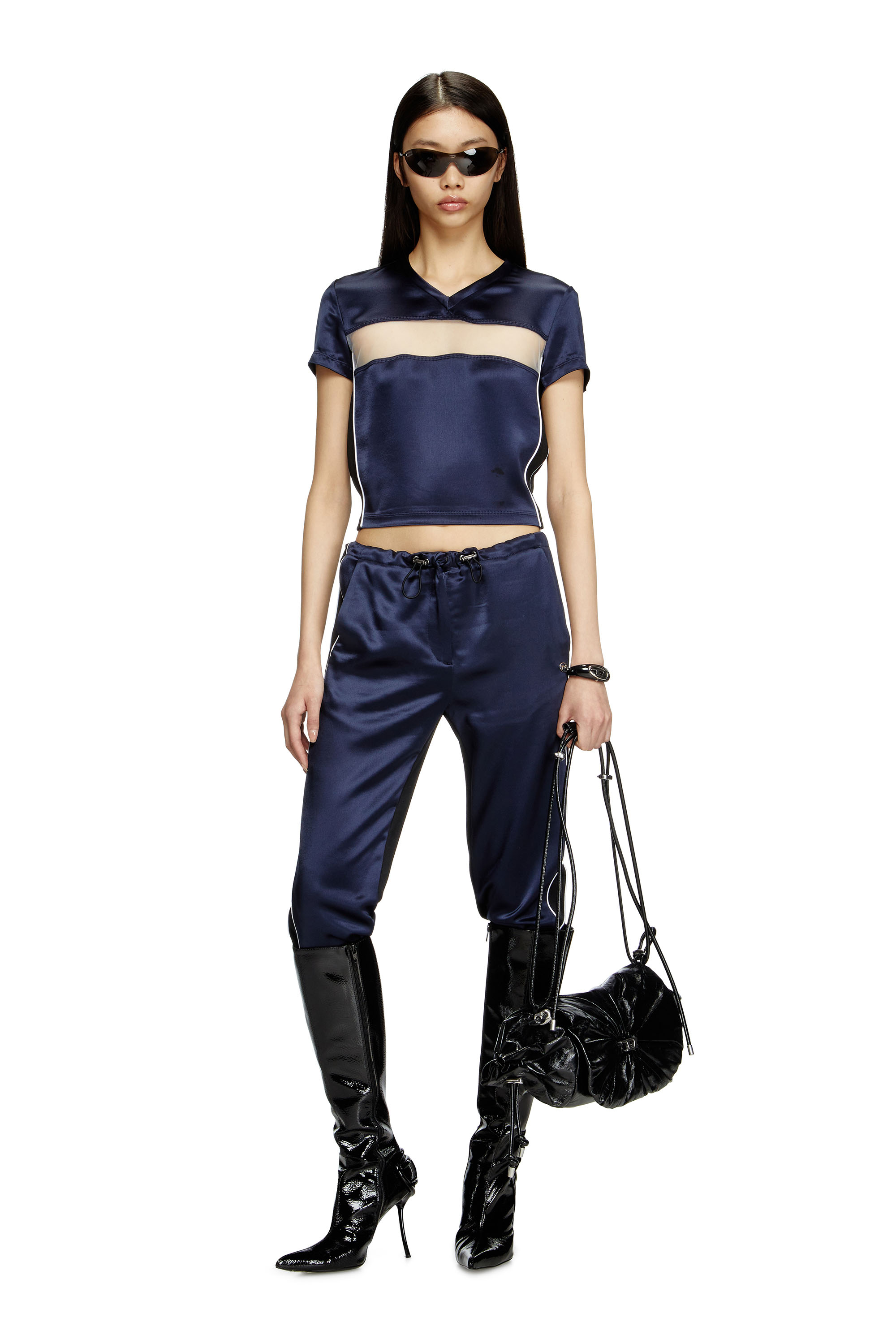 Diesel - T-RACE, T-shirt cropped en satin, tricot et tulle Femme in Bleu - 2