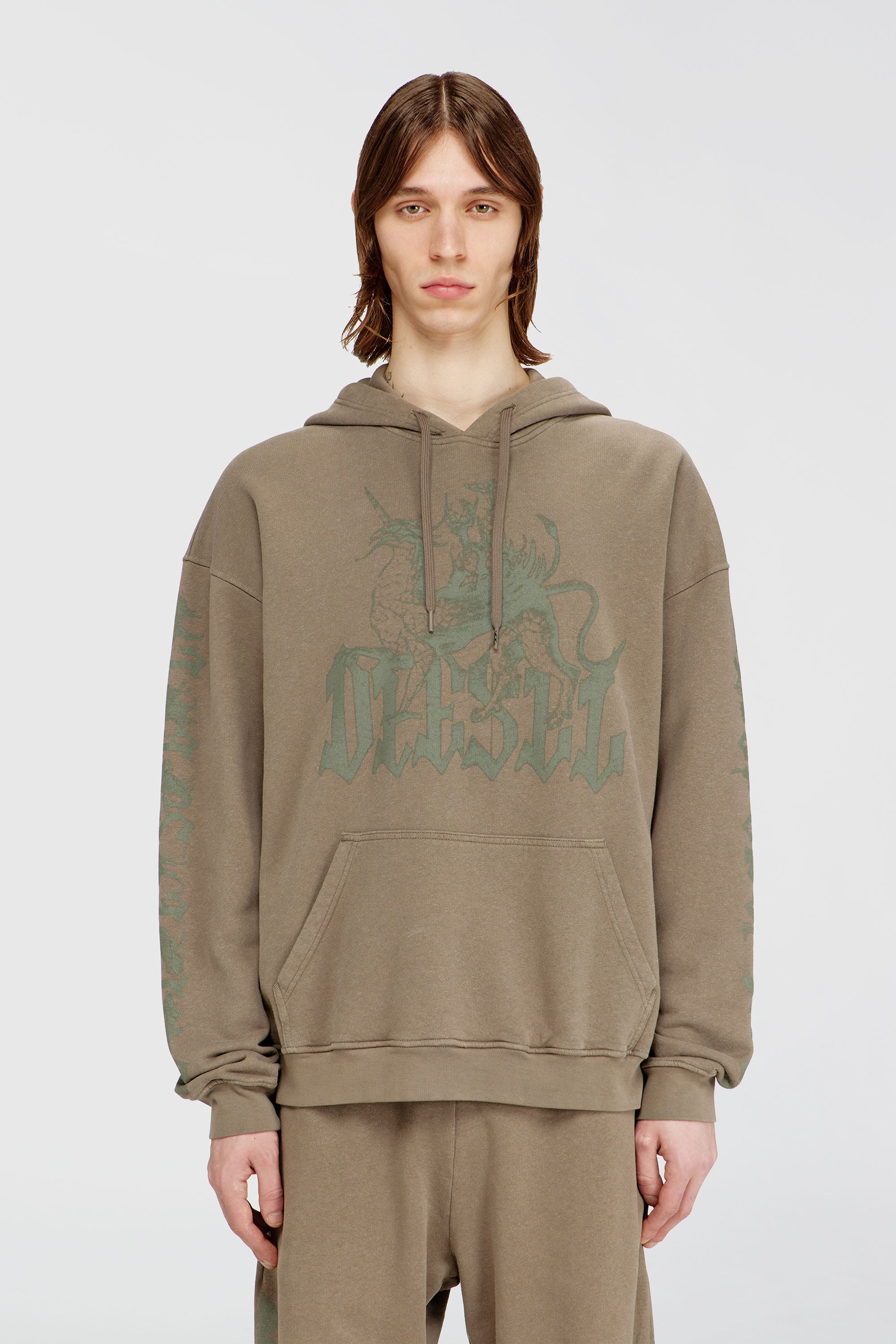 Diesel - S-GRIFFON, Sweat &agrave; capuche trait&eacute; avec imprim&eacute; griffon Homme in Marron - 1