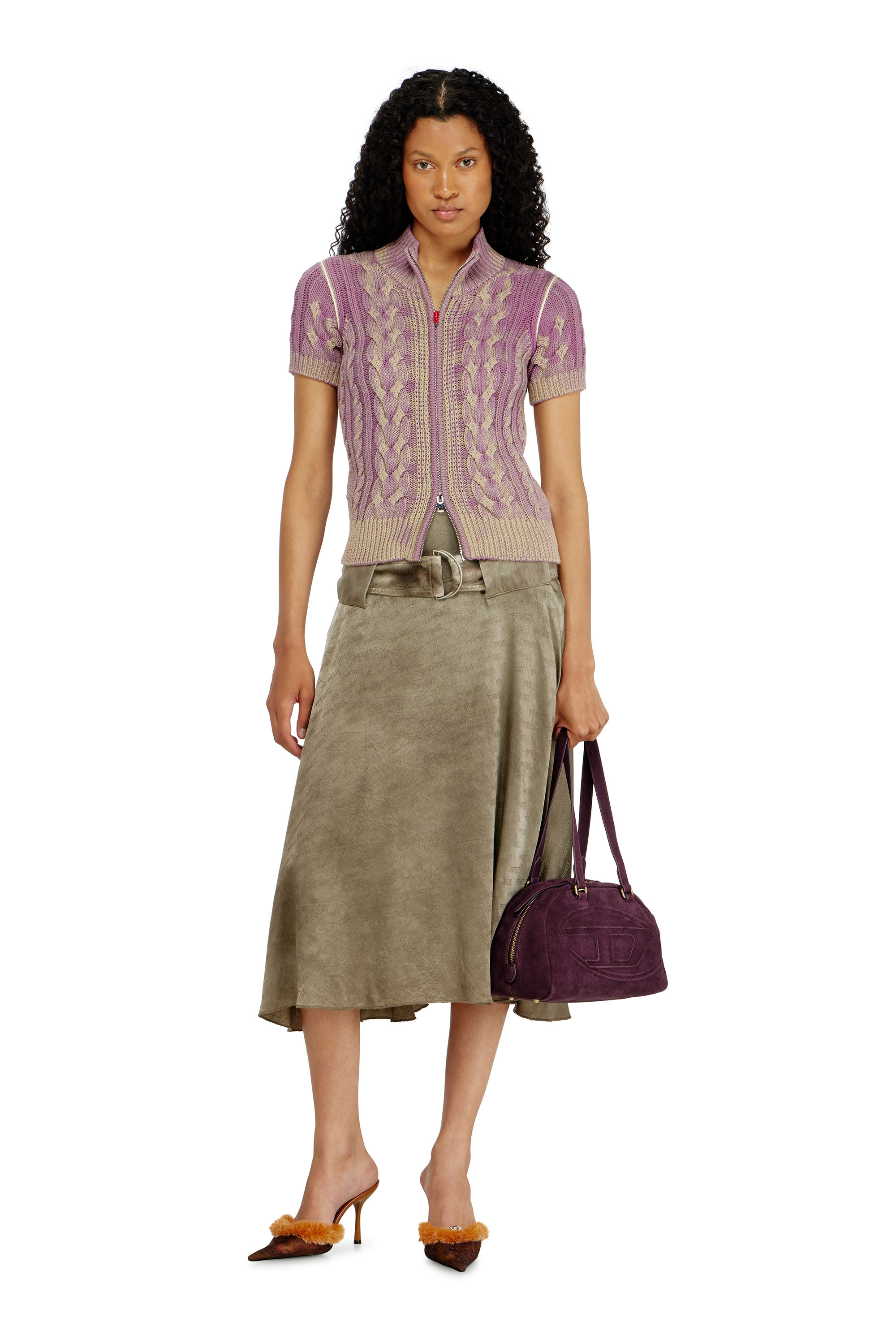 Diesel - M-ELANA, Cardigan &agrave; manches courtes zipp&eacute; en maille torsad&eacute;e Femme in Violet - 2