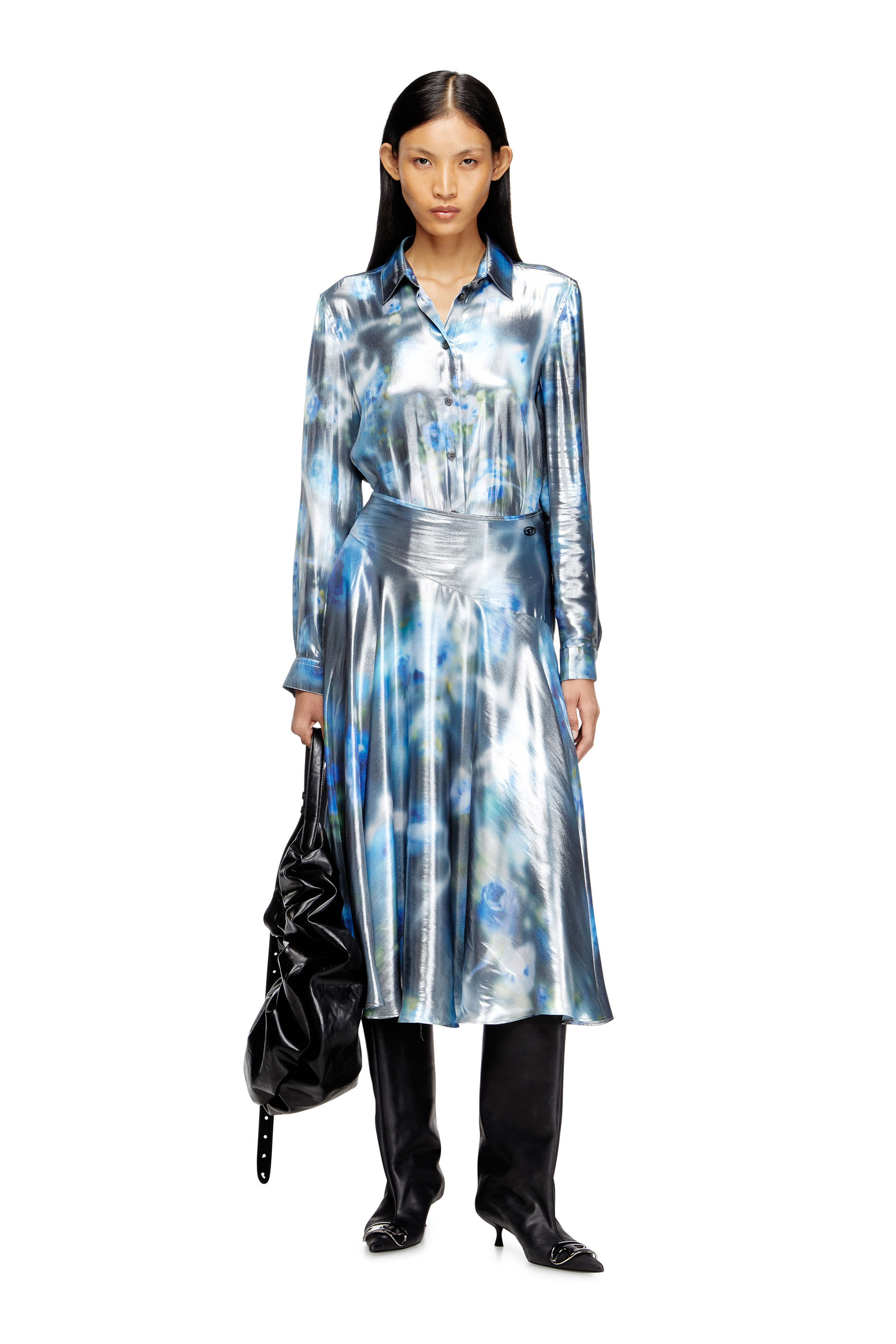 C-RONOR-S2, Bleu Diesel - C-RONOR-S2, Chemise métallique avec imprimé de roses floues Femme in Bleu - 1