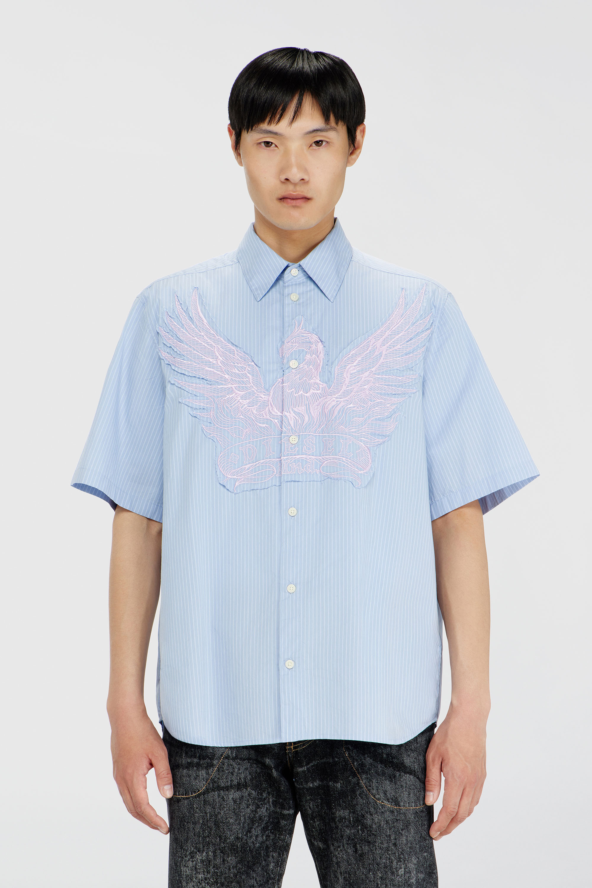 Diesel - S-SIMPLY-SS-AGCZ, Chemise en popeline ray&eacute;e avec patch brod&eacute; Homme in Bleu - 1