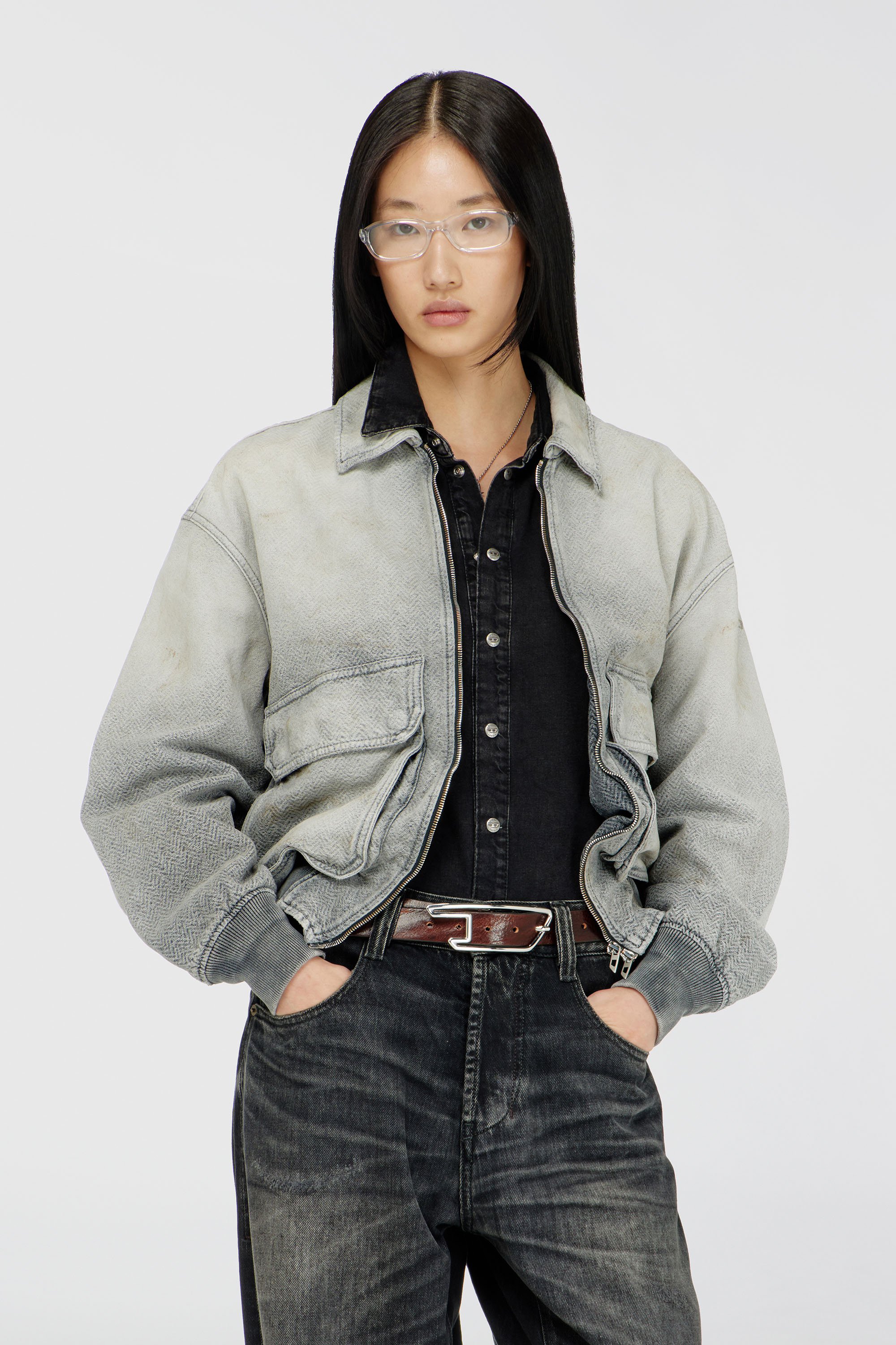 Diesel - D-KURZ, Veste en denim chevron effet us&eacute; Mixte in Gris - 1