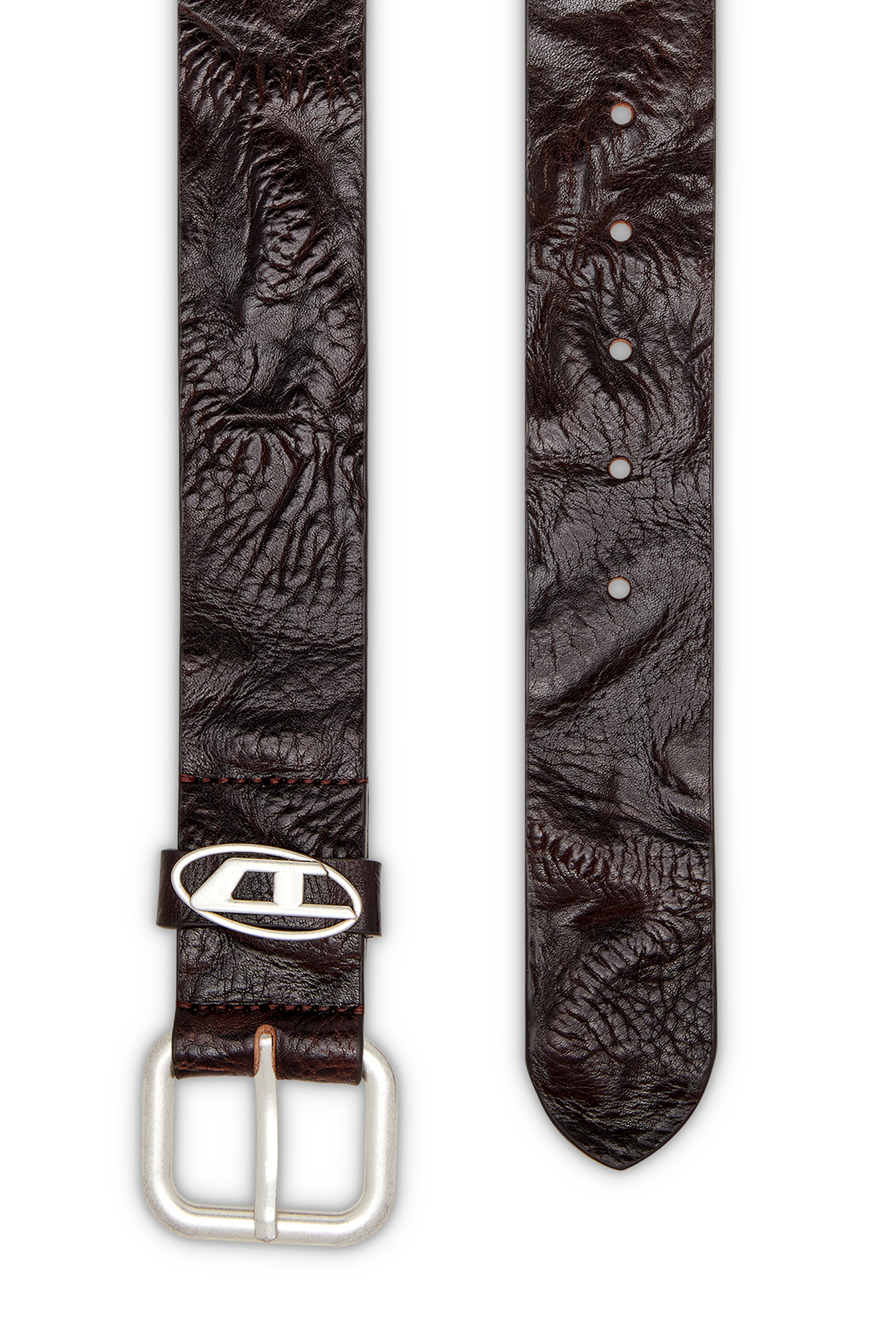 Diesel - B-1DR OVAL D LOOP, Logo-plaque wrinkled leather belt Mixte in Marron - 2