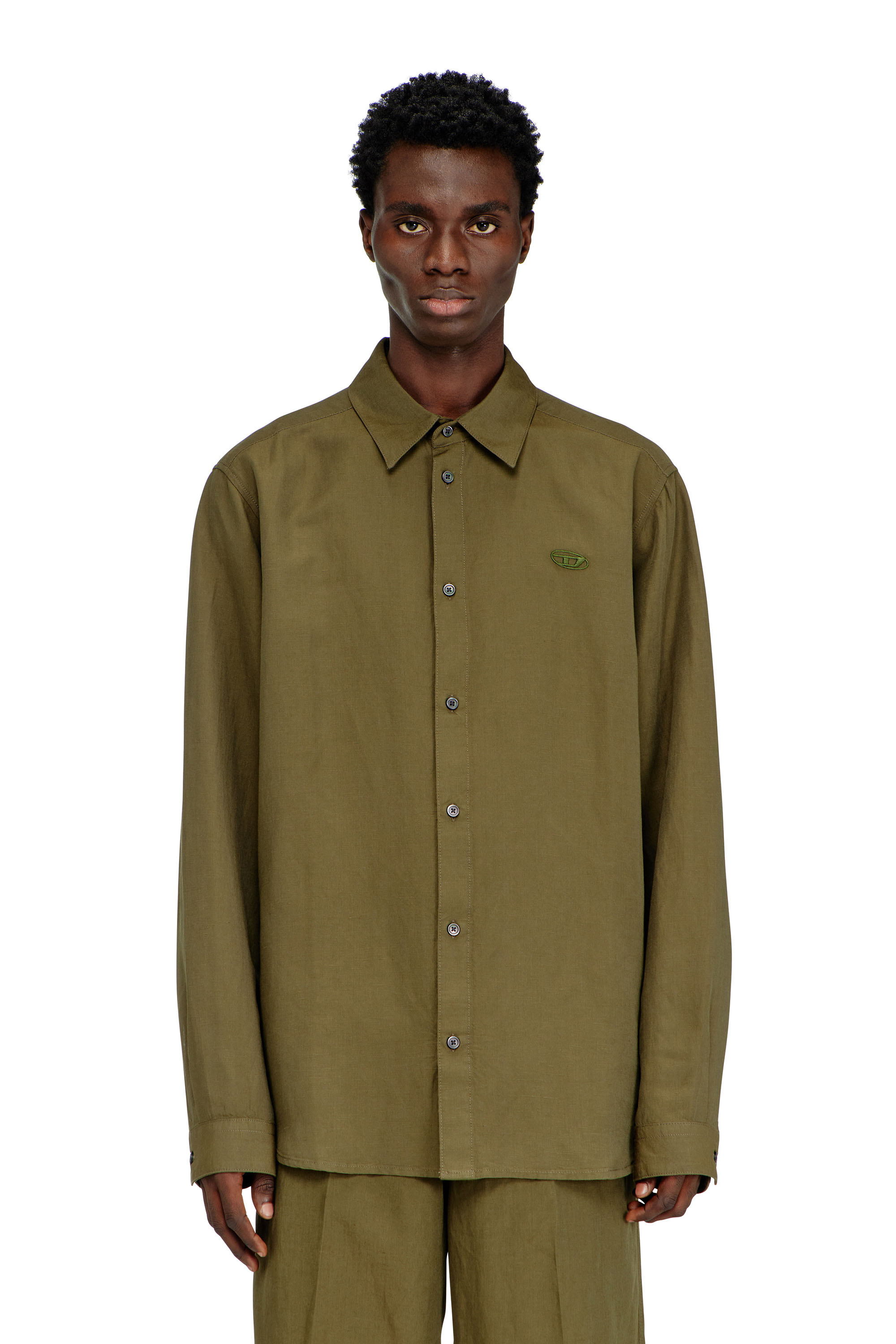 Diesel - S-SIMPLY-PGBS, Chemise en m&eacute;lange de lin avec broderie du logo Homme in Vert - 1