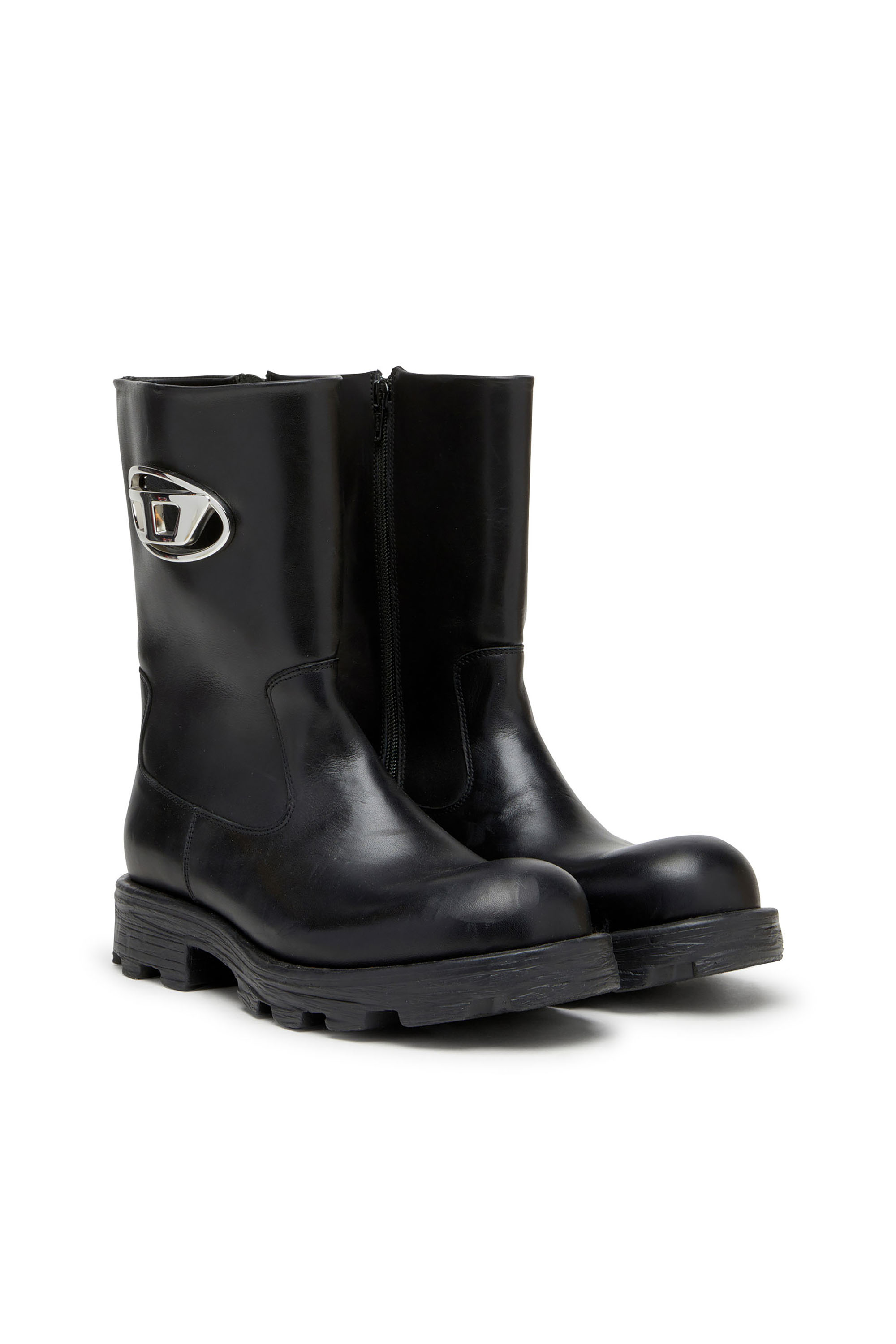 Diesel - D-HAMMER BKR D W, D-Hammer-Bottes en cuir découpées avec ferrures à logo Femme in Noir - 3
