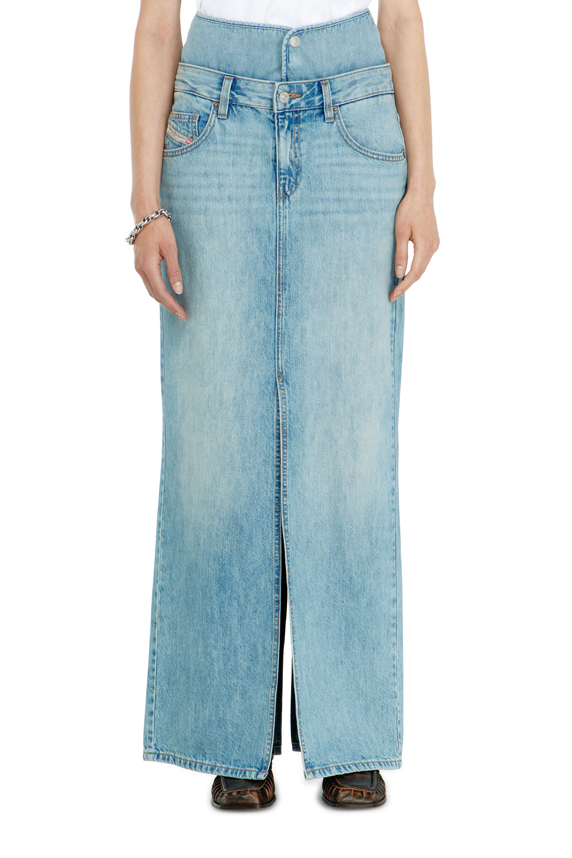 Diesel - DE-SPIVEY, Jupe longue en denim effet jean avec fentes Femme in Bleu - 3