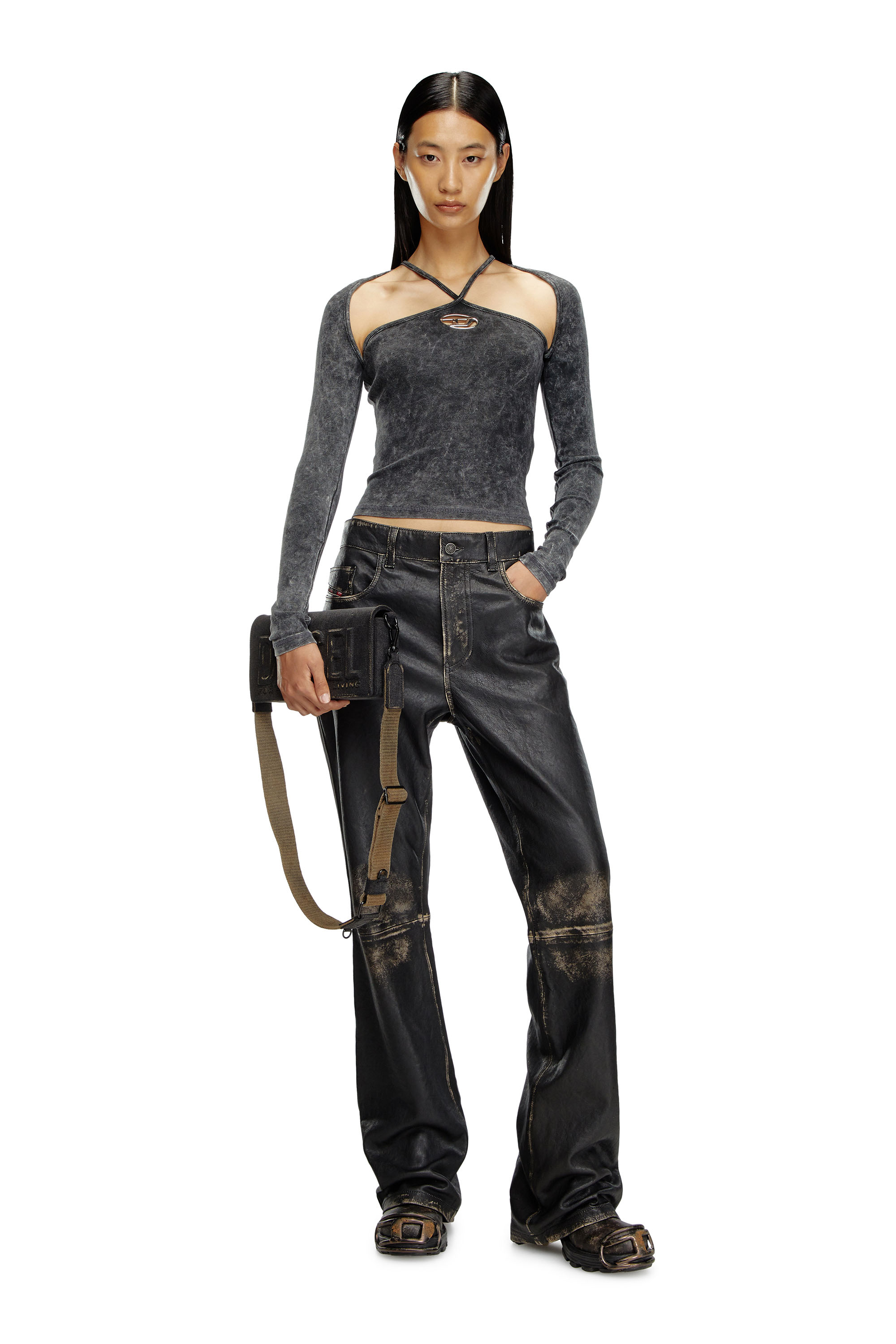 Diesel - T-MARINEL, Femme Top côtelé à manches longues avec bretelles croisées in Noir - Image 2
