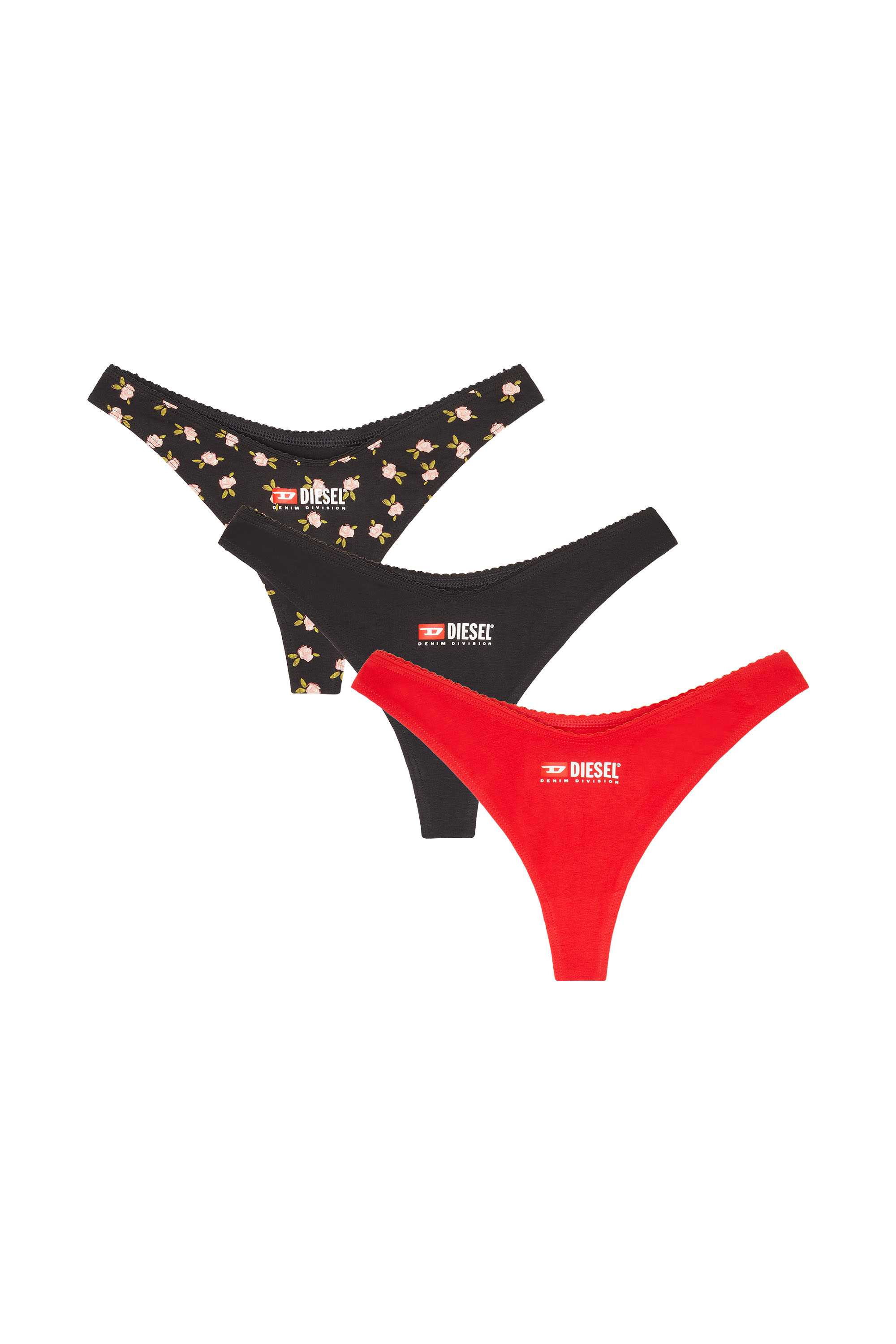Diesel - PUNCHY-D-CORE-3PACK, Lot de 3 strings en coton stretch &agrave; motif fleuri Femme in Noir - 1