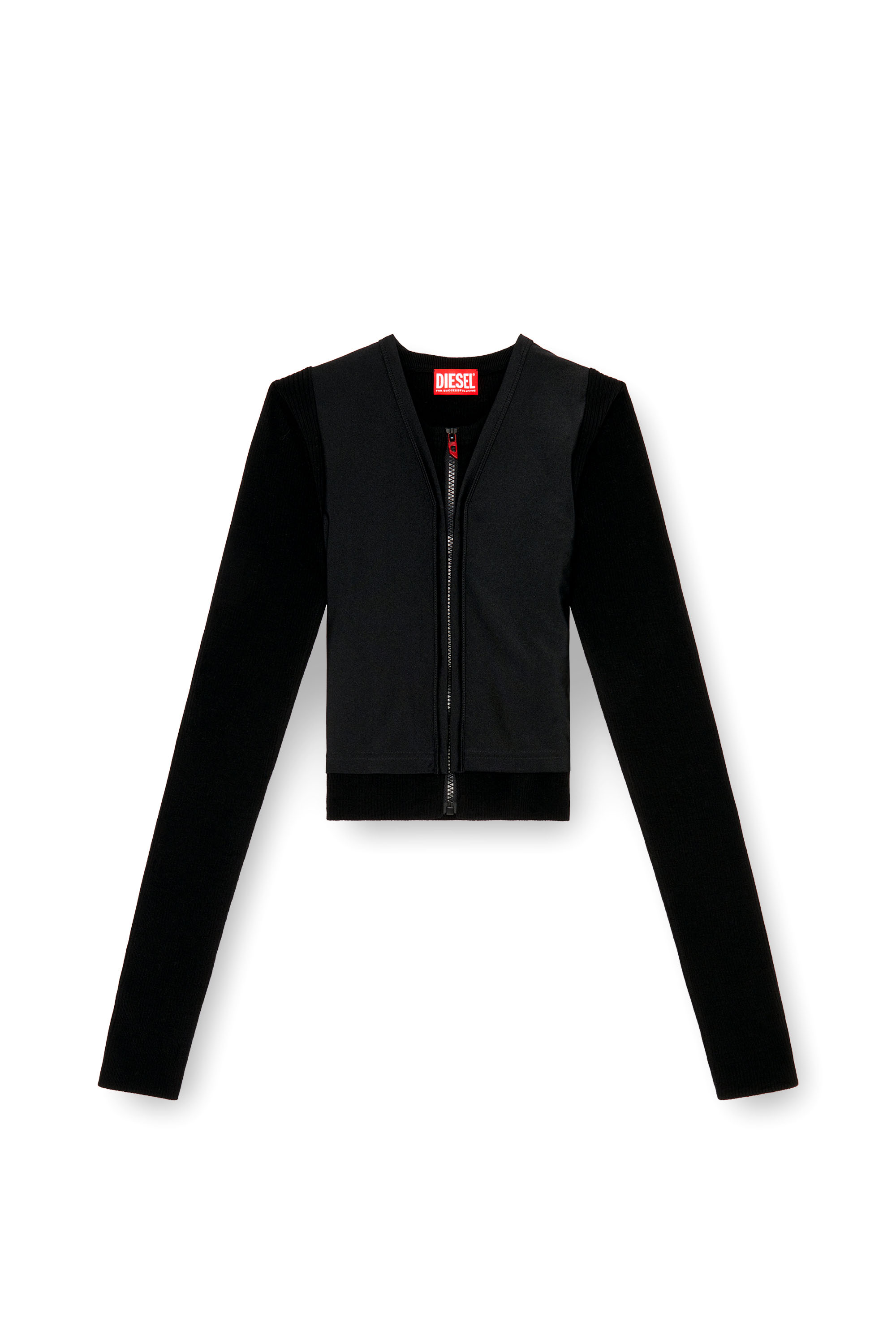 Diesel - M-ROS, Cardigan crop en laine avec superposition stretch Femme in Noir - 3