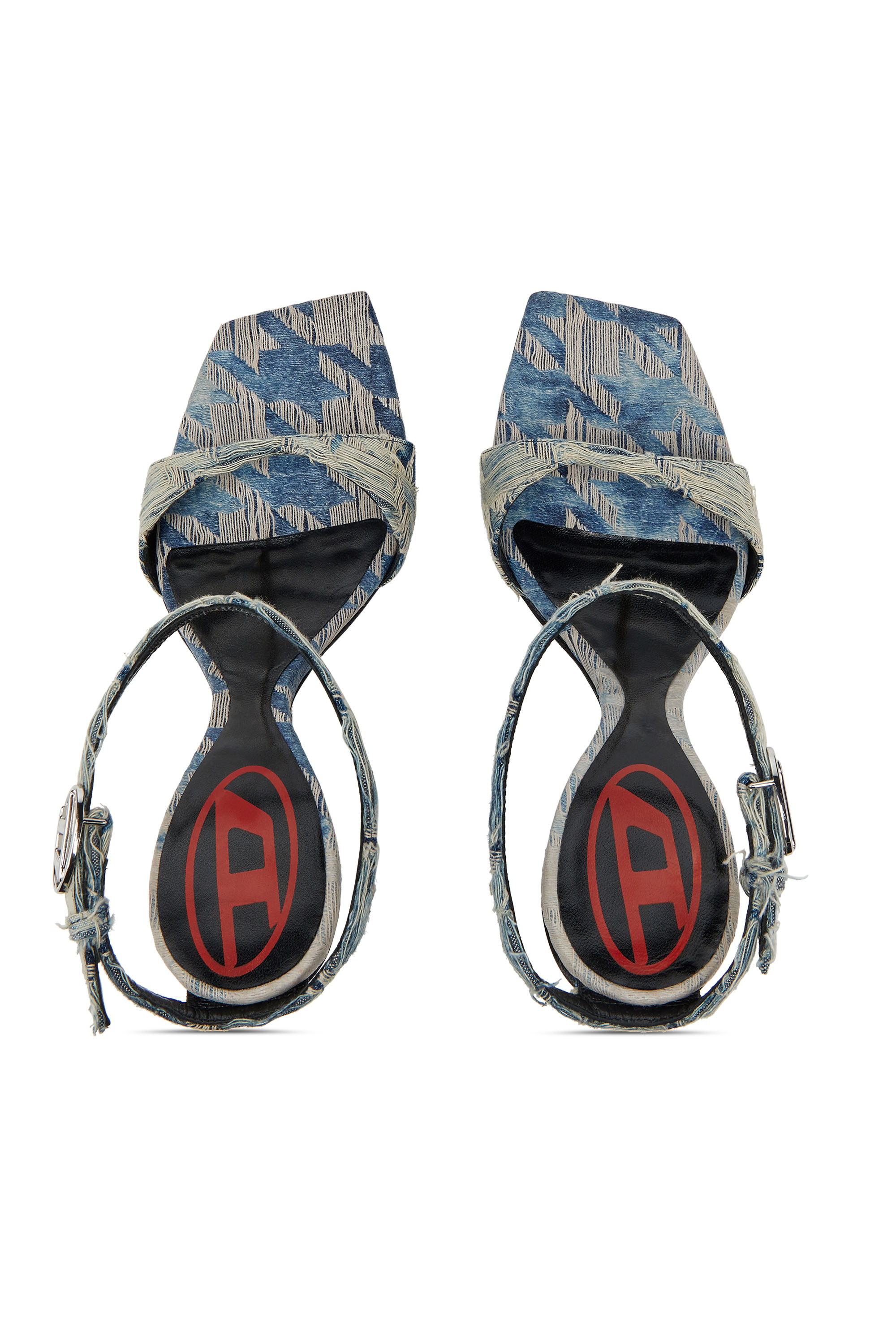 Diesel - D-AMBER SANDAL WEDGE, Sandales à talons compensés en denim jacquard Femme in Bleu - 4