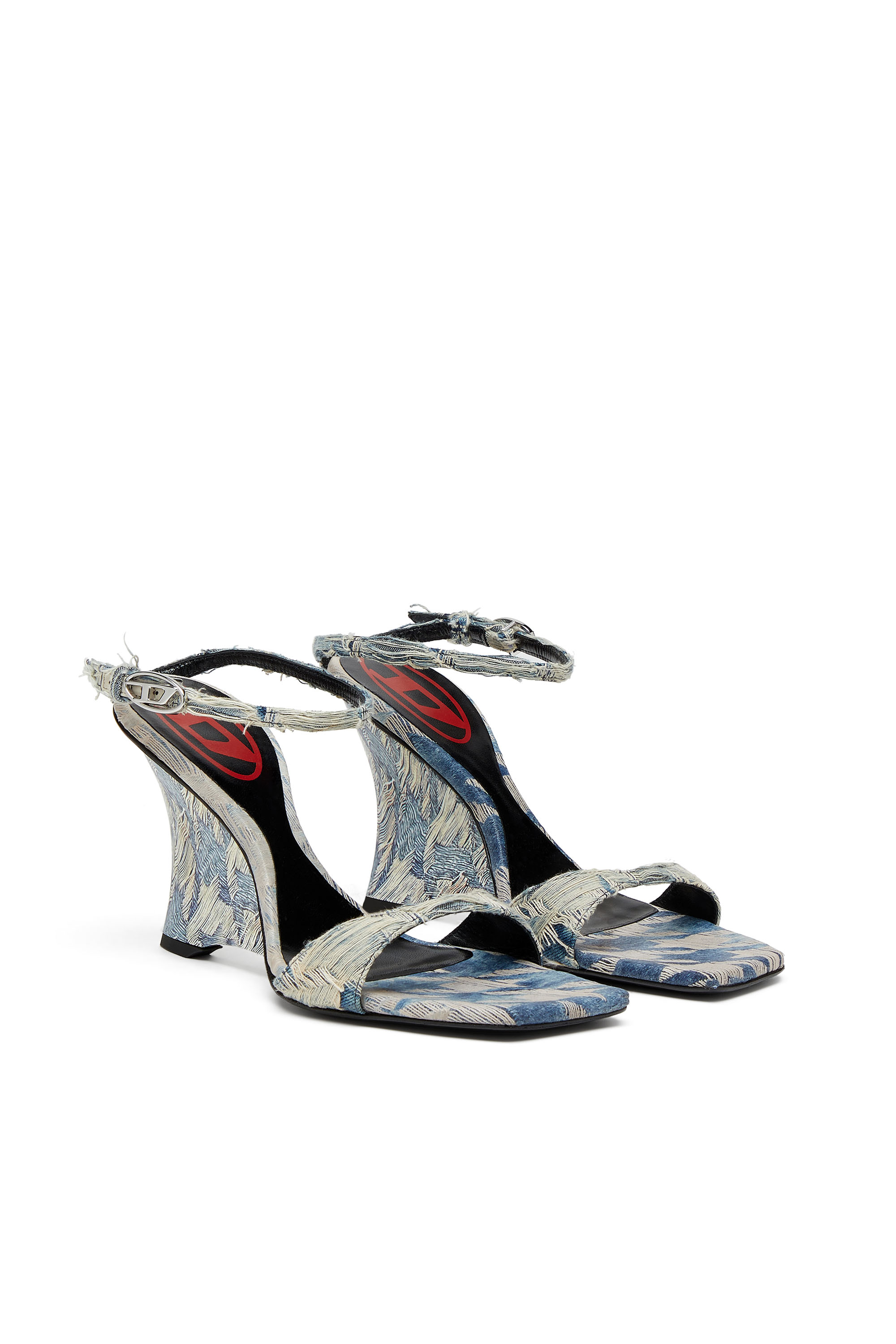 Diesel - D-AMBER SANDAL WEDGE, Sandales à talons compensés en denim jacquard Femme in Bleu - 2