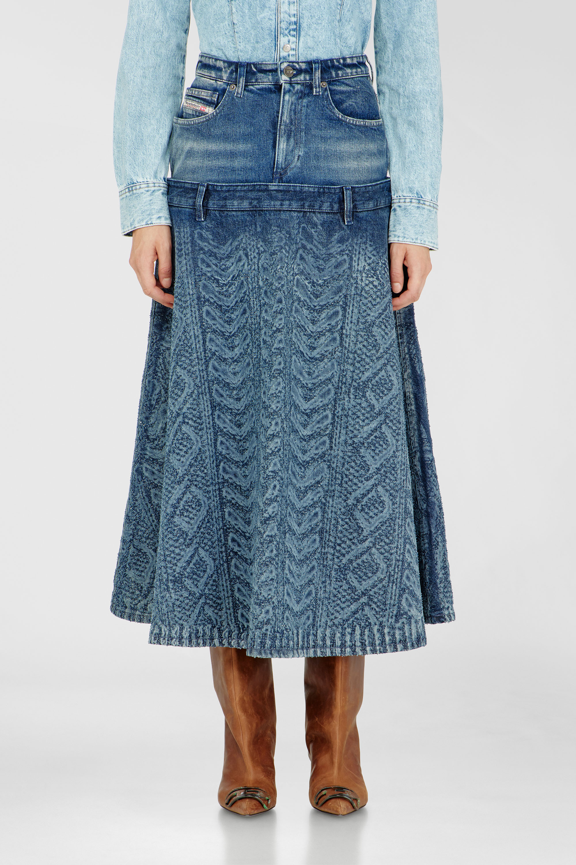Diesel - DE-VORYA-S1, Jupe midi en denim effet maille torsad&eacute;e Femme in Bleu - 3