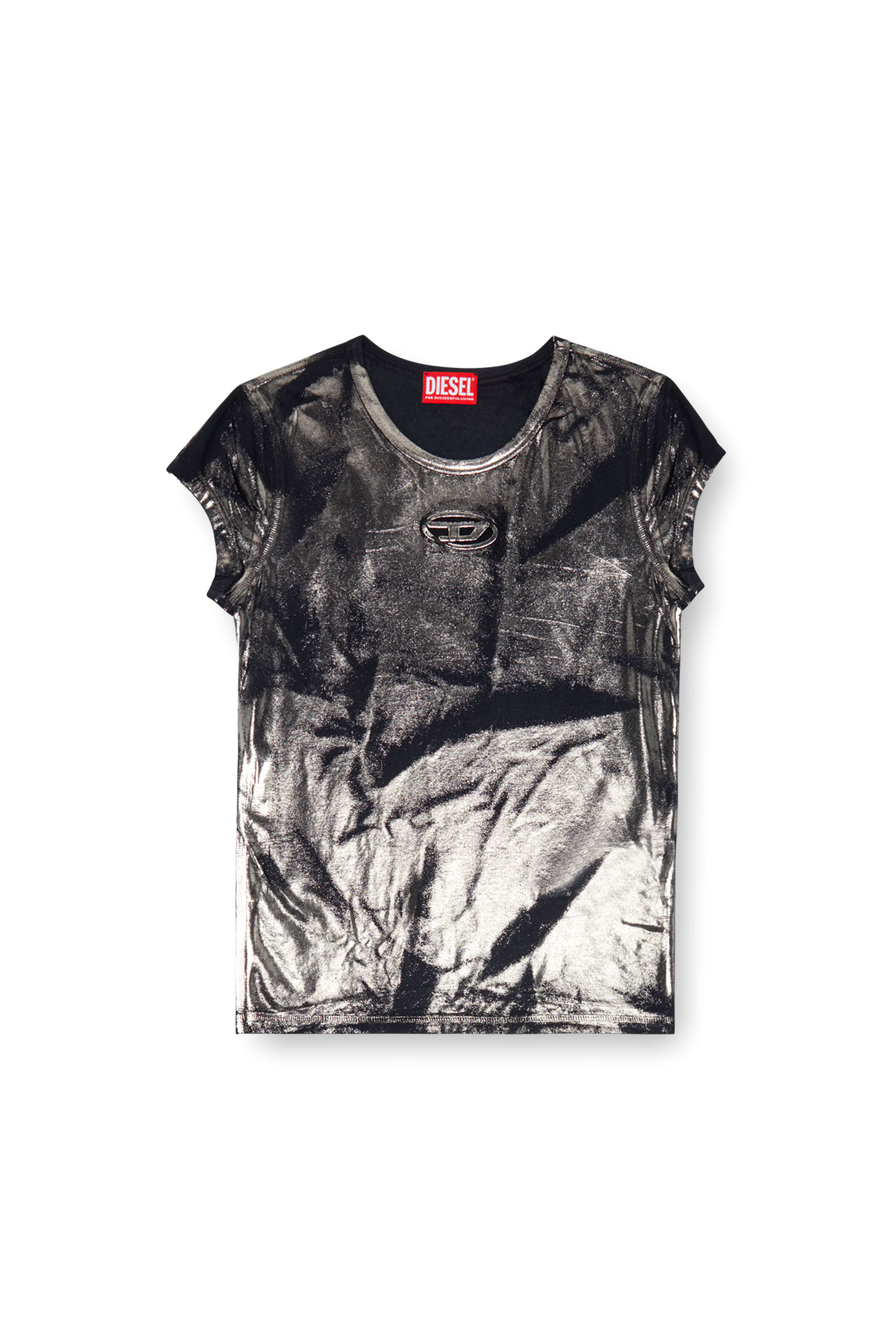 Diesel - T-ANGIE-P1, T-shirt métallisé avec cut-out à logo Femme in Noir - 3