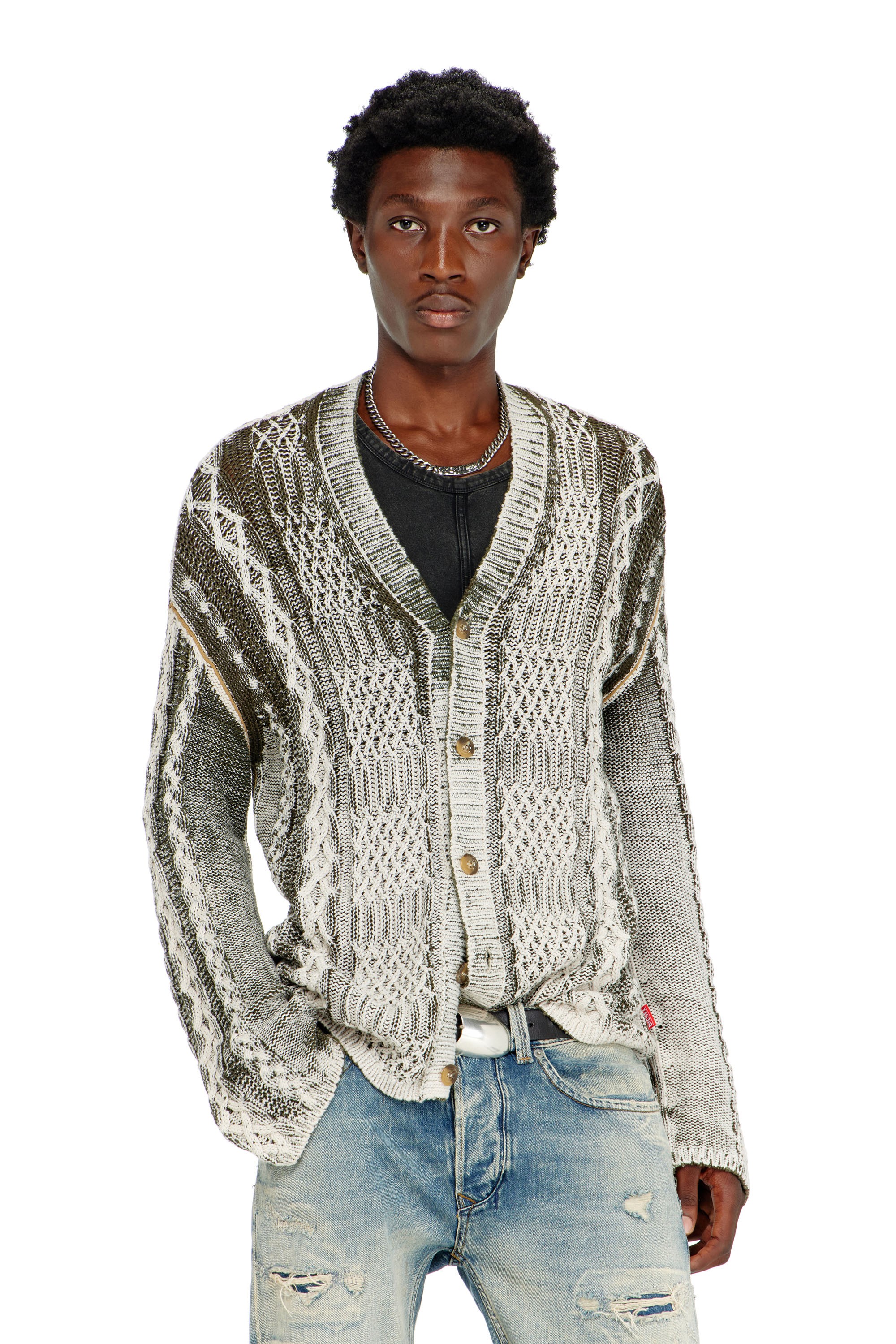 Diesel - K-MIOTO, Cardigan en maille torsad&eacute;e trait&eacute; Homme in Polychrome - 1