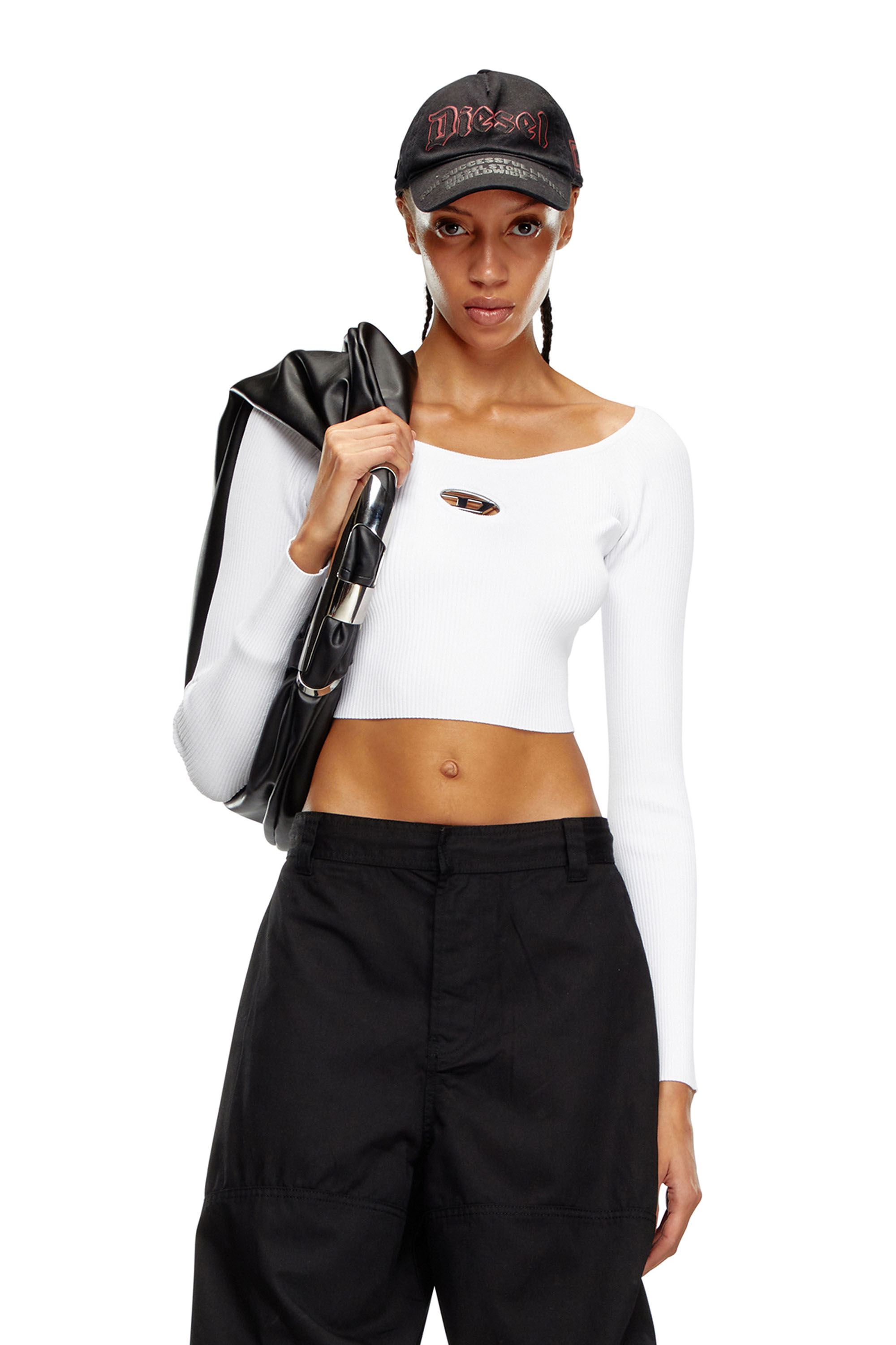 Diesel - M-VERA-LS, Woman's Off-the-shoulder top in ribbed knit in White - 3