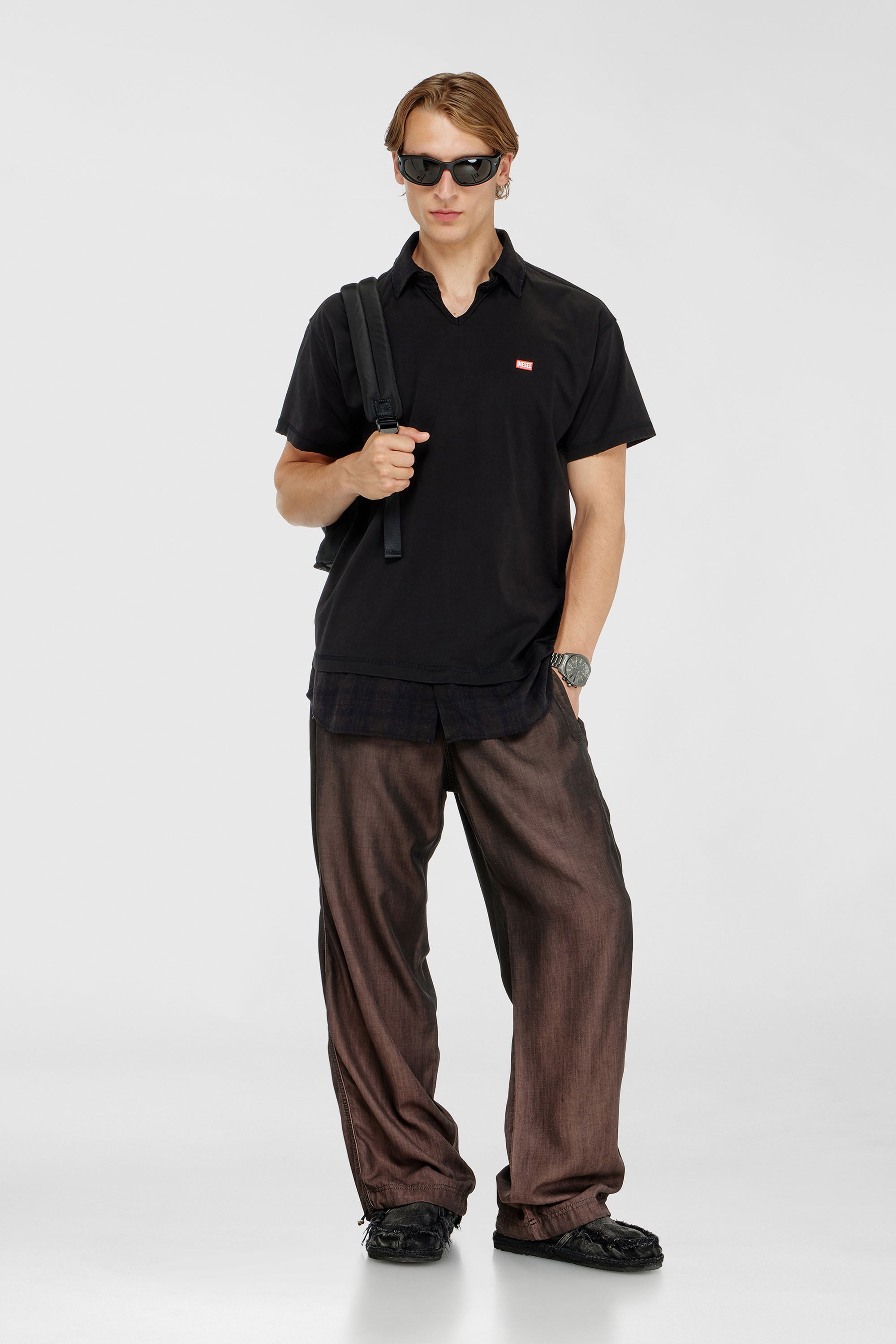 Diesel - T-ANSEL, Polo en jersey avec finitions en flanelle &agrave; carreaux Homme in Noir - 2