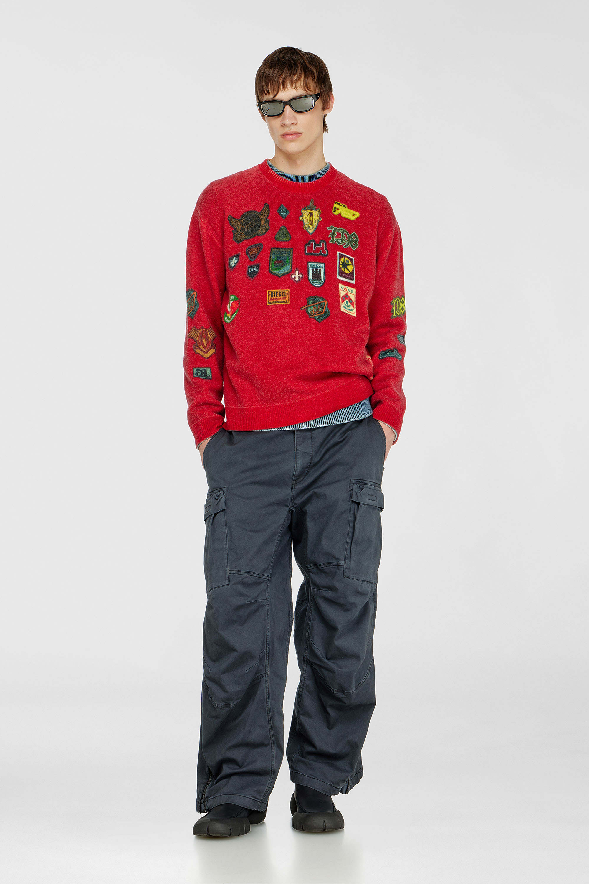 Diesel - K-PATCY, Pull en laine avec patchs imprim&eacute;s Homme in Rouge - 1