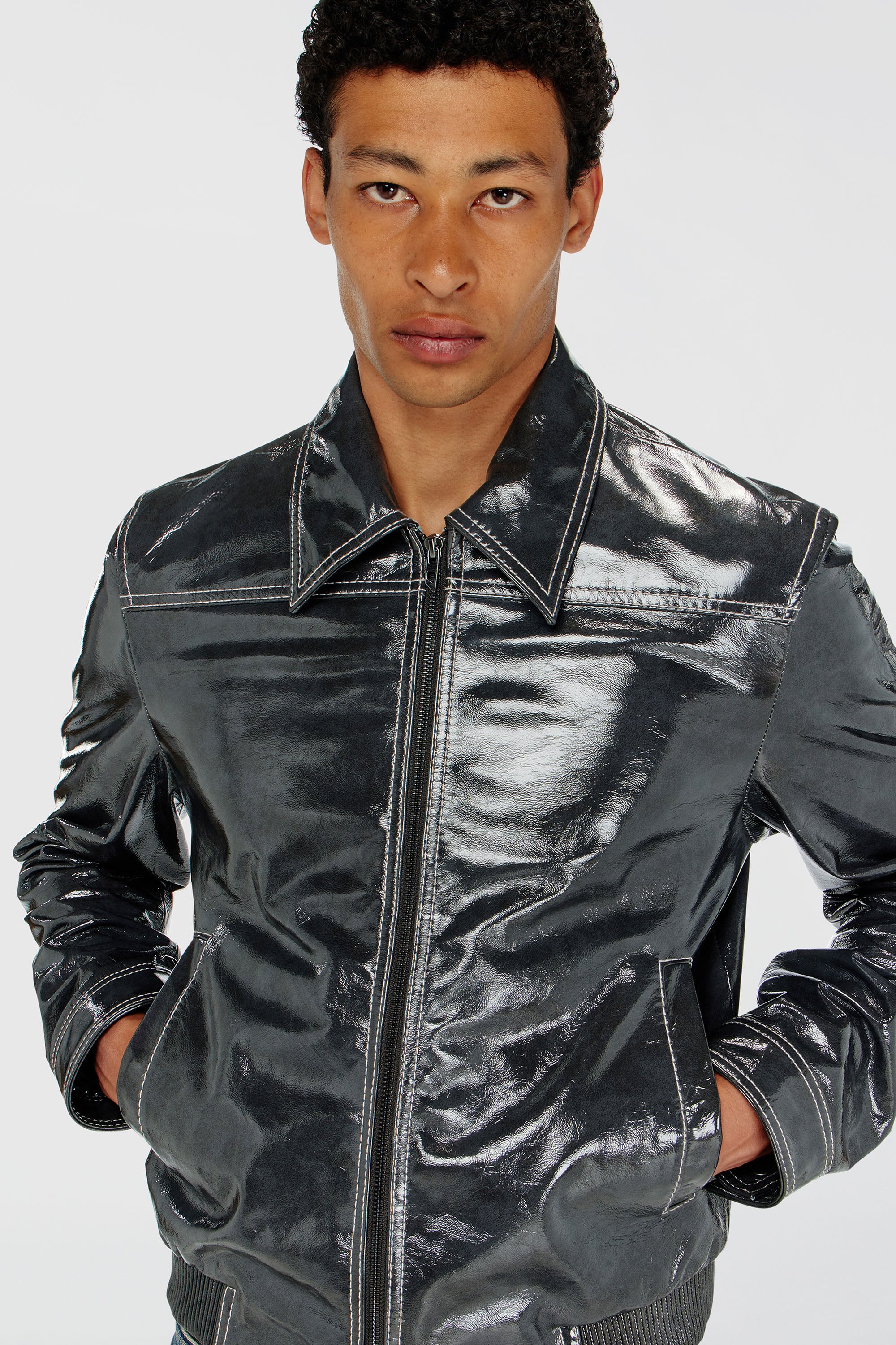 Diesel - L-ADDI, Man's Patent-leather jacket in Dark grey - 5