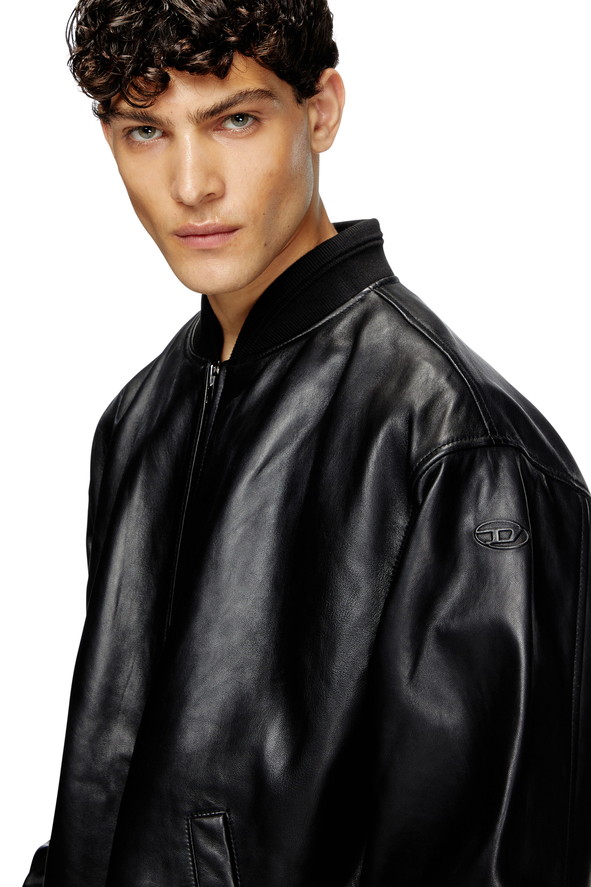 Diesel - L-KHAT, Waxed-leather bomber jacket Homme in Noir - 5