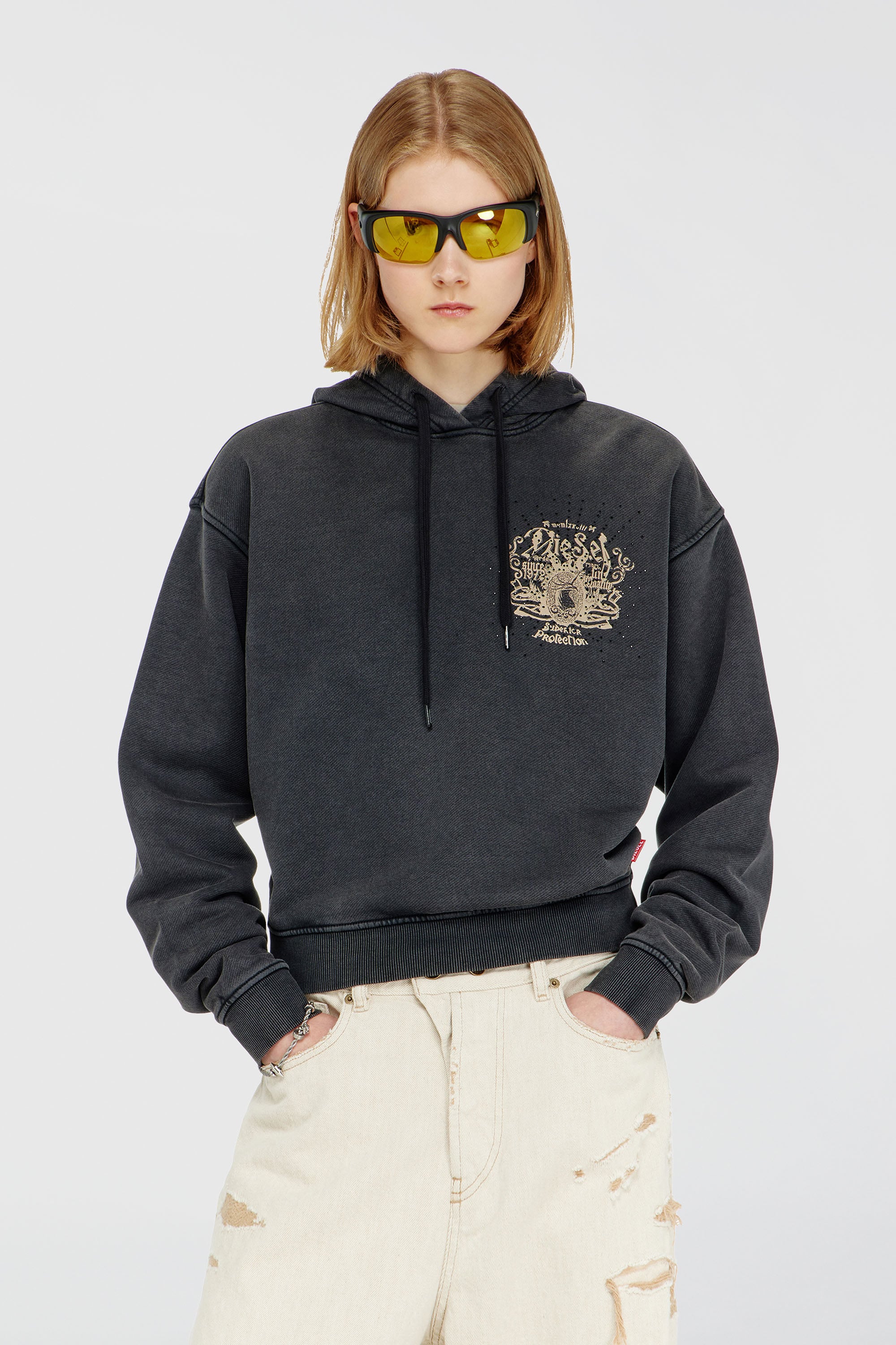 Diesel - F-PHOENY, Sweat &agrave; capuche avec imprim&eacute;s et clous strass Femme in Noir - 1
