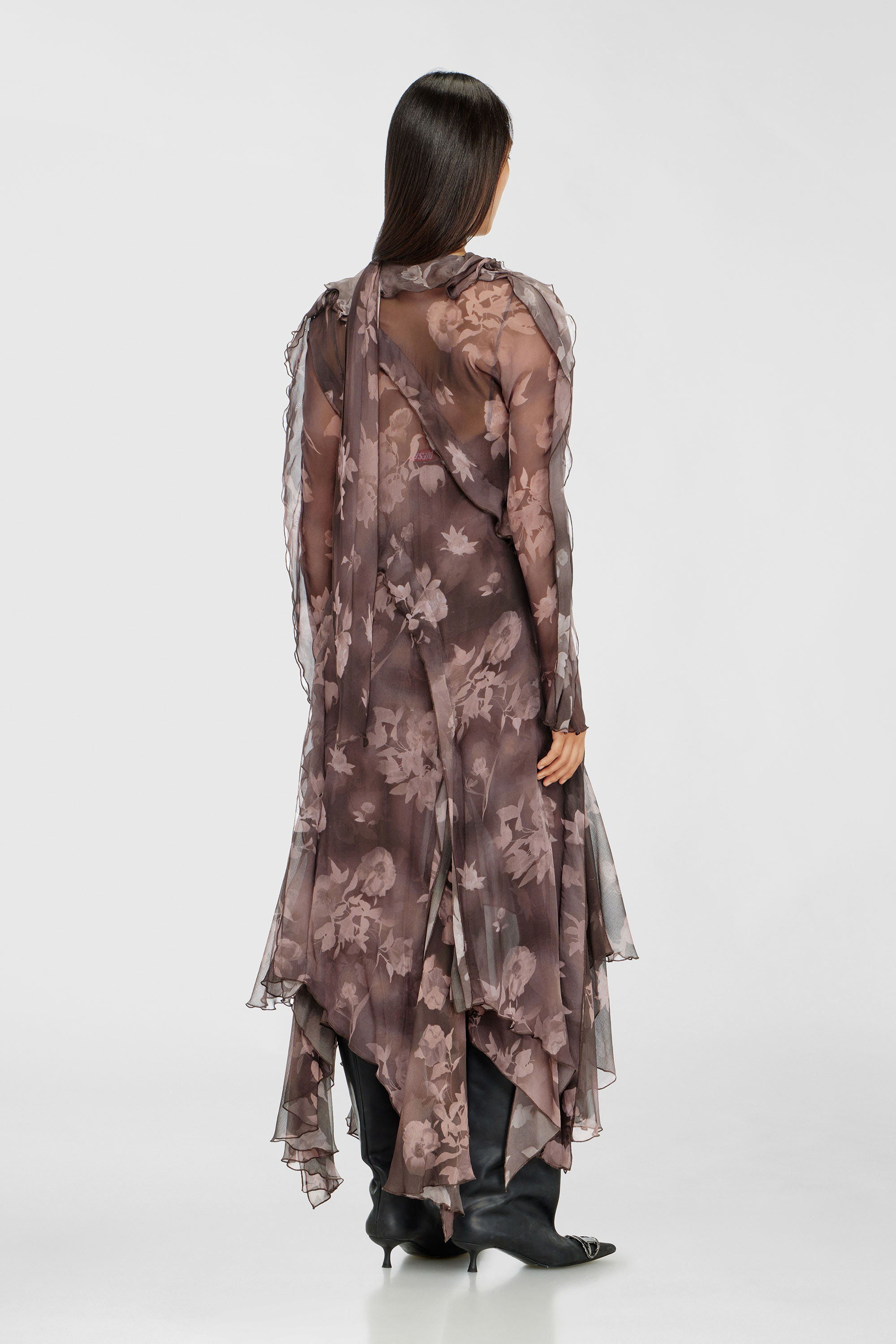 Diesel - D-RIADI, Robe midi asym&eacute;trique en chiffon et cr&ecirc;pe de soie Femme in Marron - 4