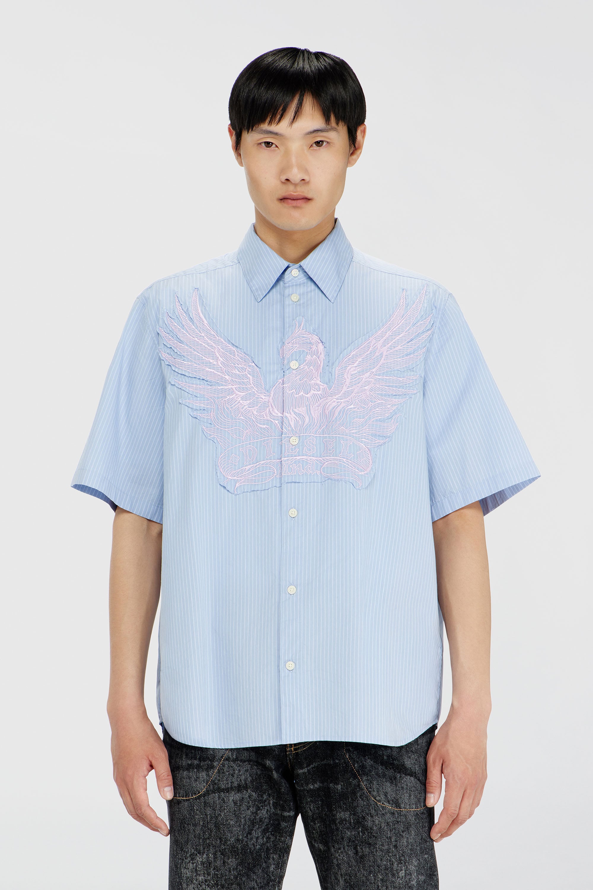 Diesel - S-SIMPLY-SS-AGCZ, Chemise en popeline ray&eacute;e avec patch brod&eacute; Homme in Bleu - 1