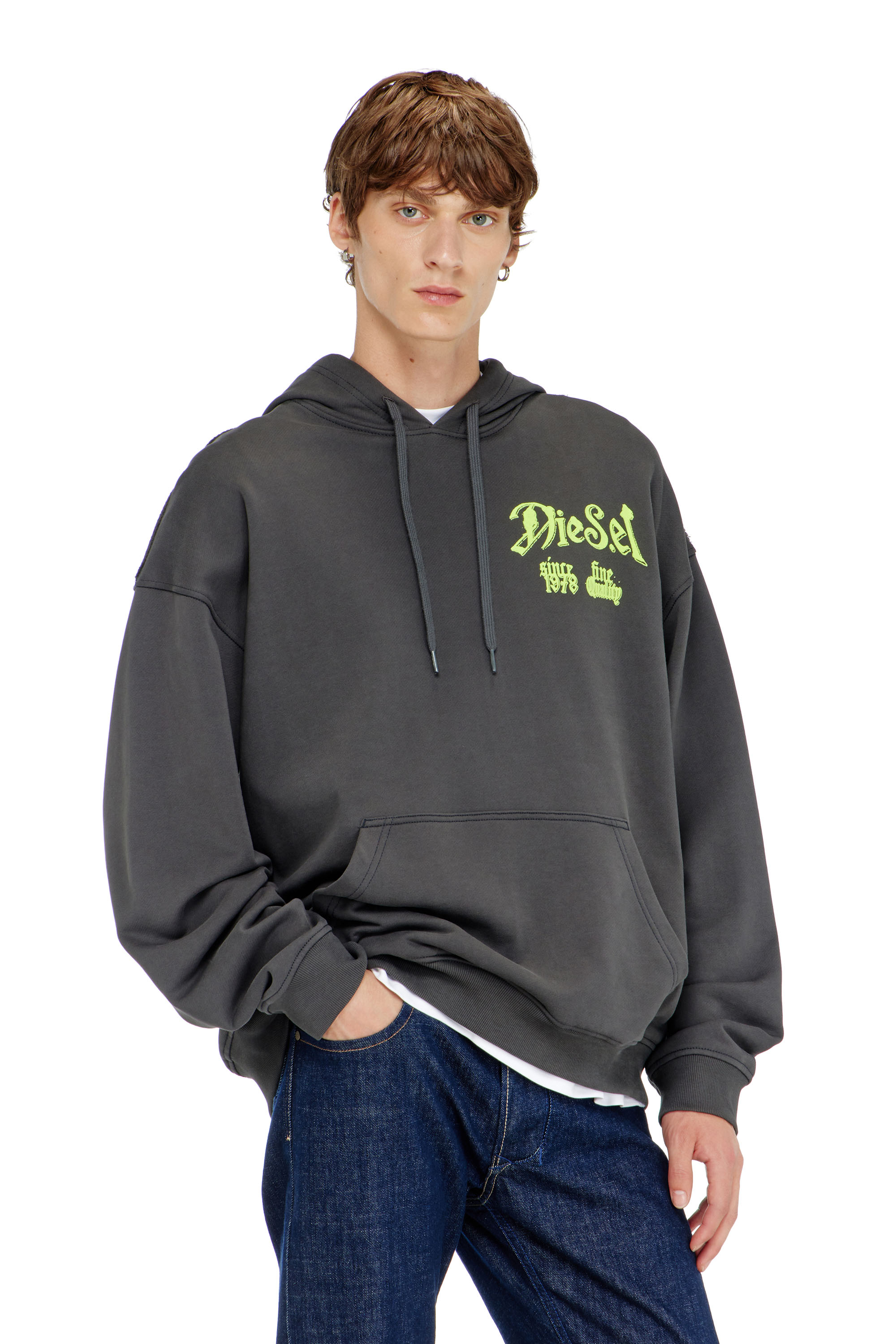 Diesel - S-BOXT-HOOD-AA2, Sweat &agrave; capuche en coton avec graphismes floqu&eacute;s Homme in Gris - 1