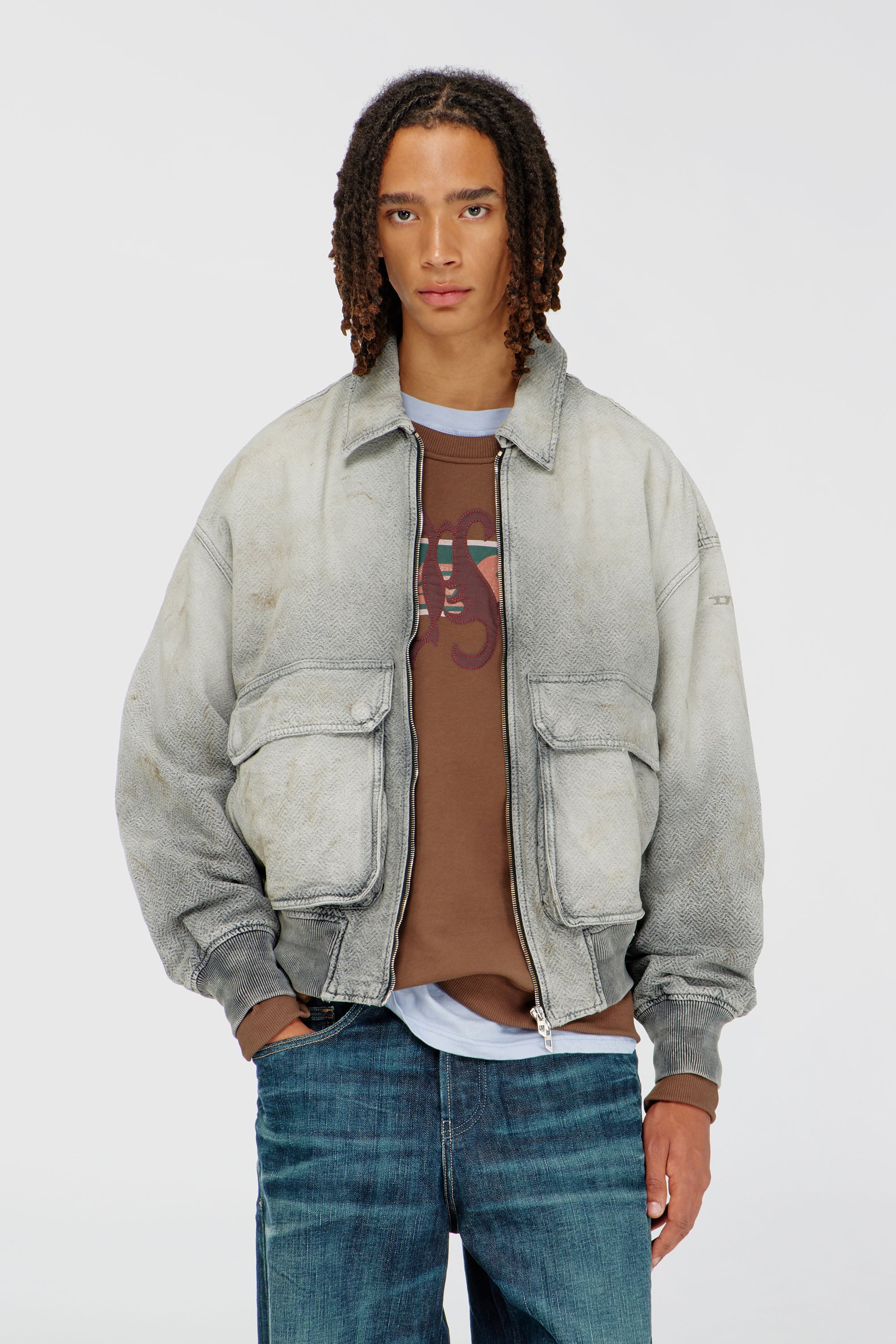 Diesel - D-KURZ, Veste en denim chevron effet us&eacute; Mixte in Gris - 1