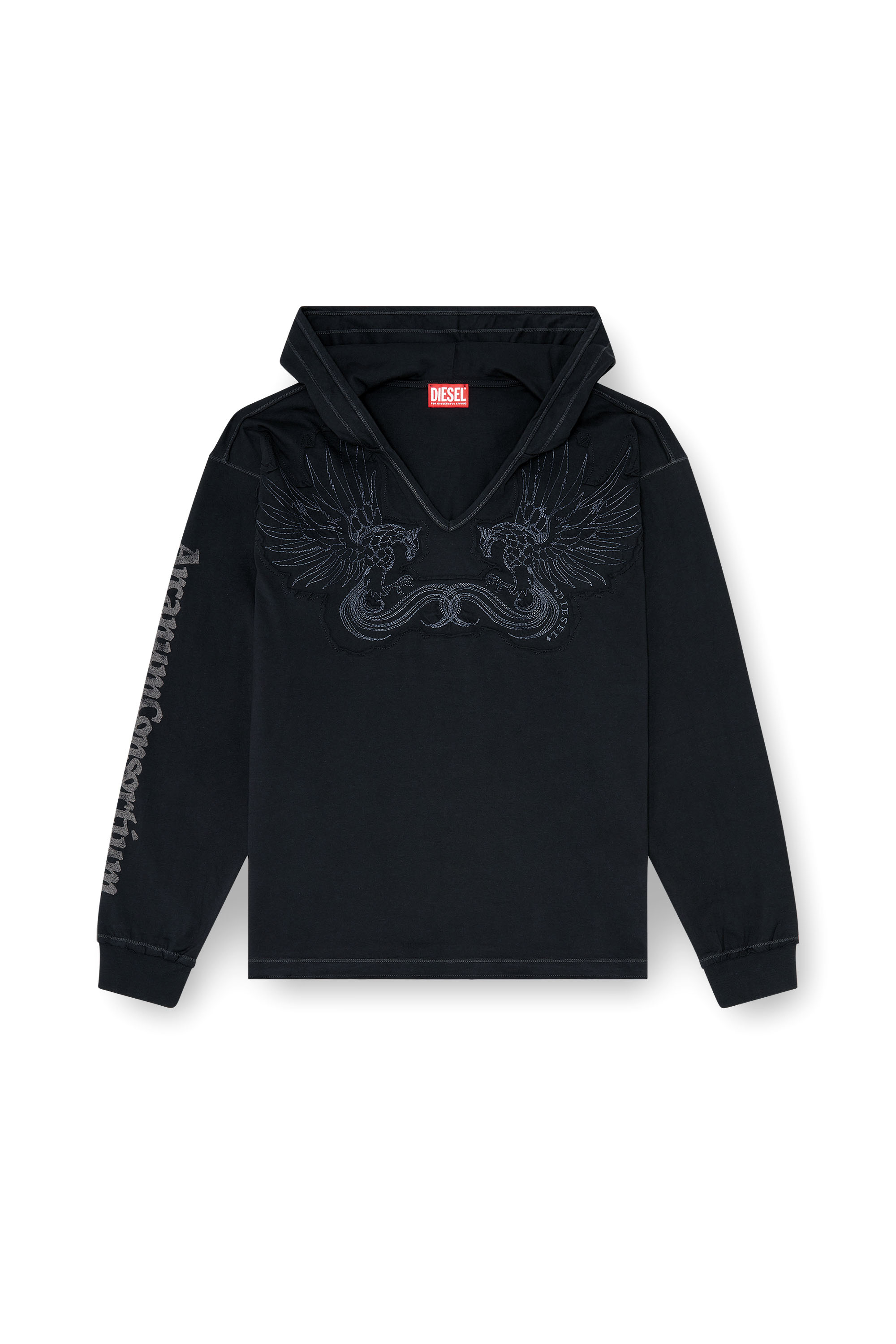 Diesel - T-PHEN-LS-HOOD-RIB, Sweat &agrave; capuche col V avec broderie sur le devant Homme in Noir - 3