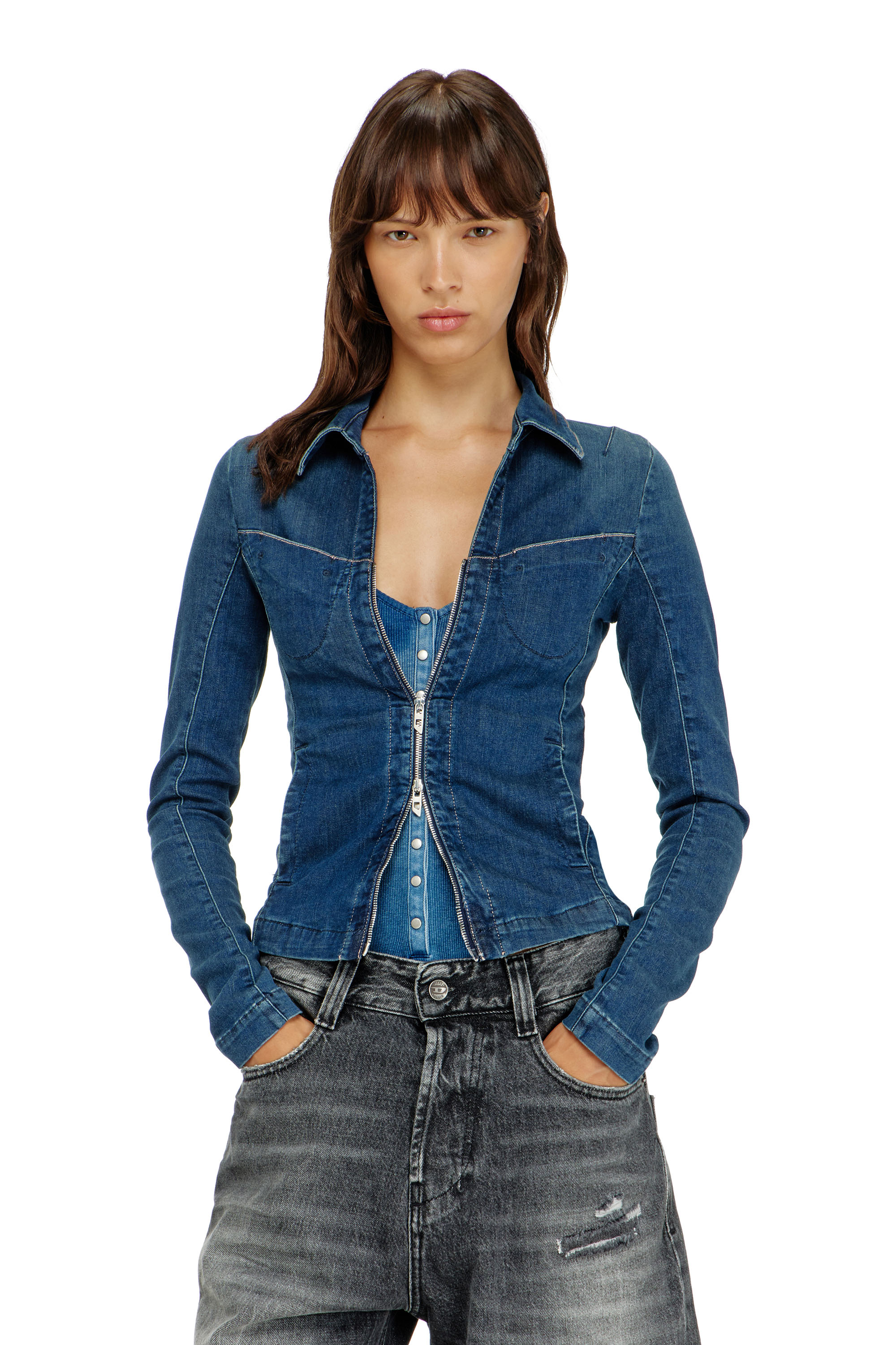 Diesel - DE-QUINOR-S1, Chemise zipp&eacute;e en denim Femme in Bleu - 1