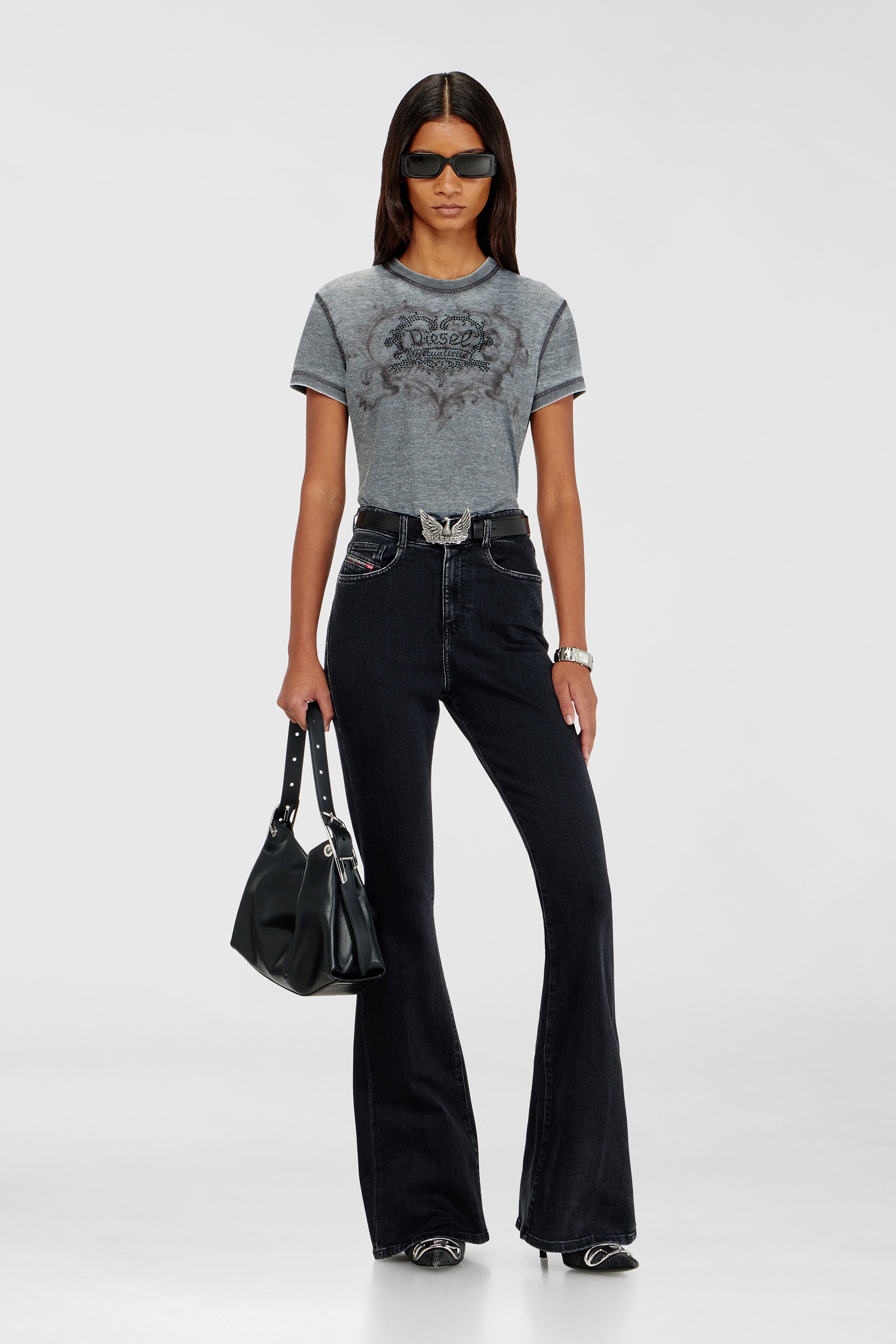 Diesel - T-ILA-AA1, T-shirt en jersey avec strass et burnout effect Femme in Gris - 2