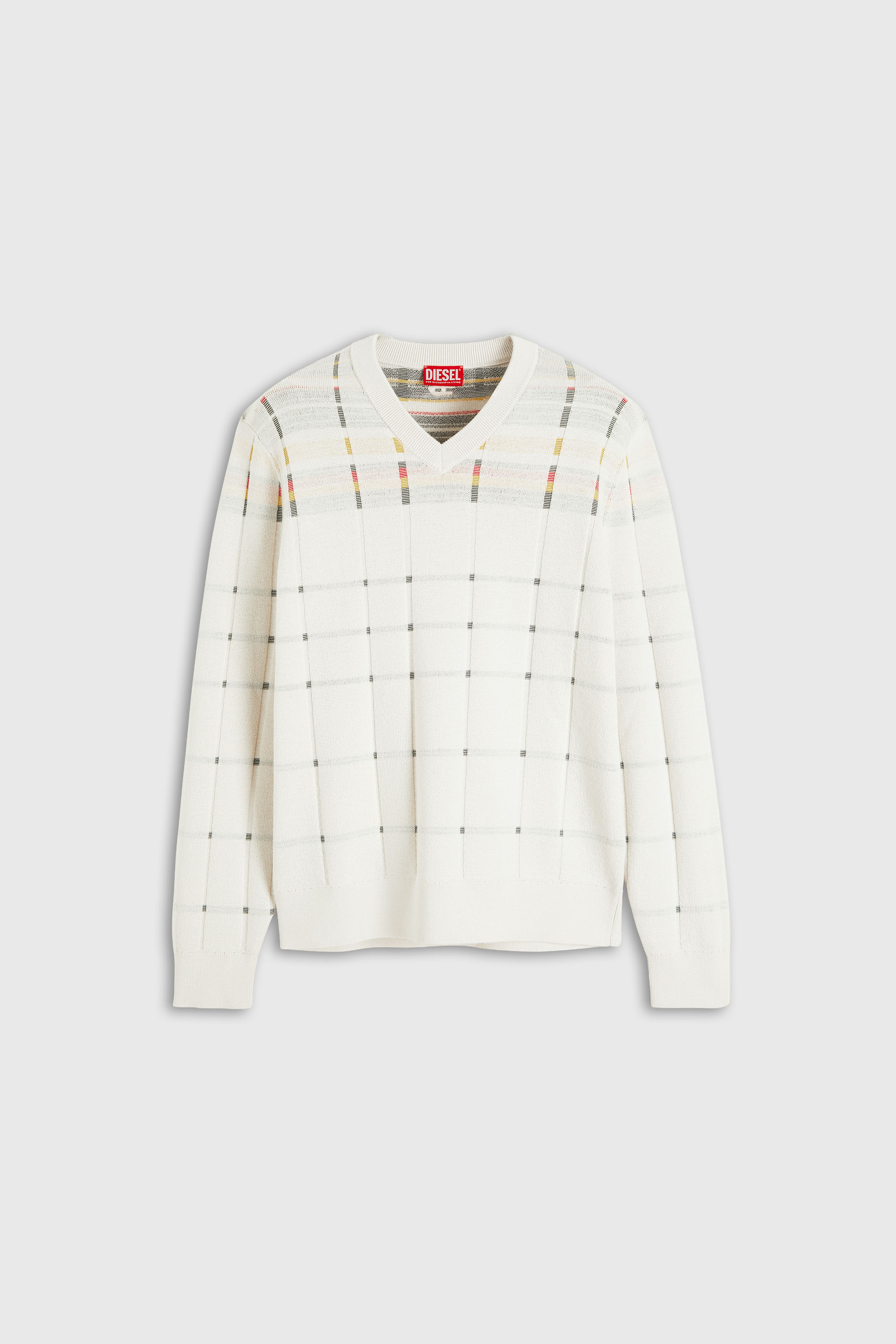 Diesel - K-ROENO, Pull en laine col V &agrave; effet carreaux Homme in Blanc - 2