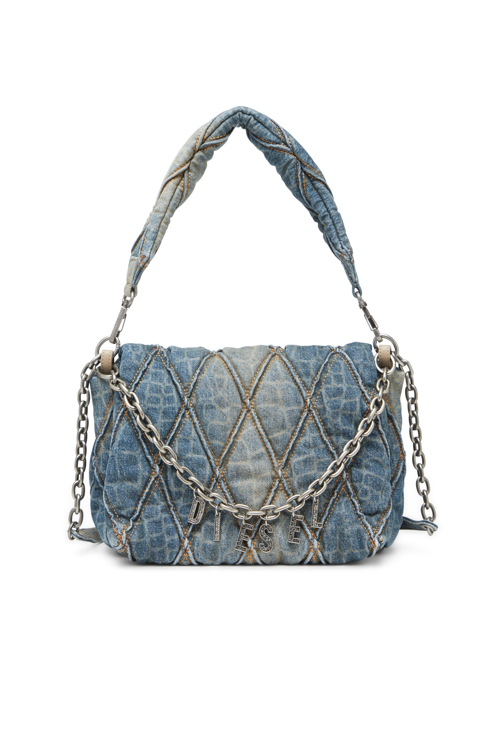 Diesel - CNY CHARM-D SHOULDER M, Sac à bandoulière en denim matelassé avec imprimé serpent Femme in Bleu - 1