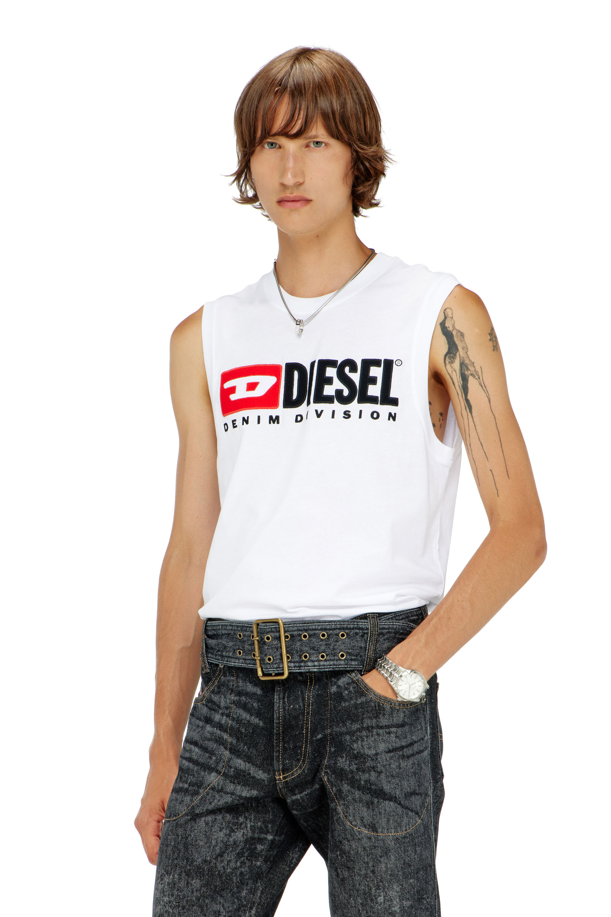 Diesel - T-ISCO-DIV, D&eacute;bardeur avec logo imprim&eacute; sur le devant Homme in Blanc - 1