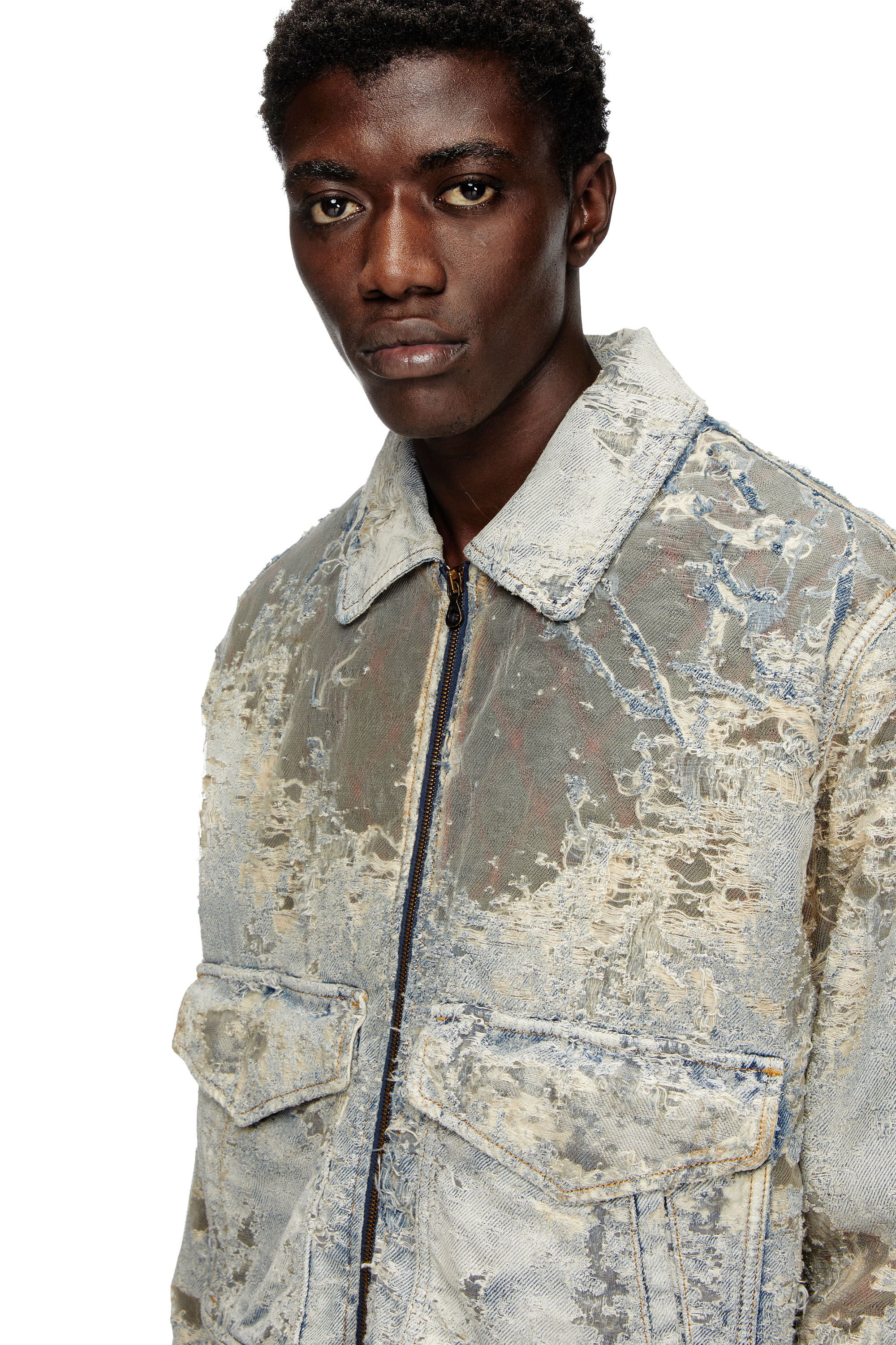 Diesel - D-MUDDY-FSF, Veste bomber en denim dévoré Homme in Bleu - 5