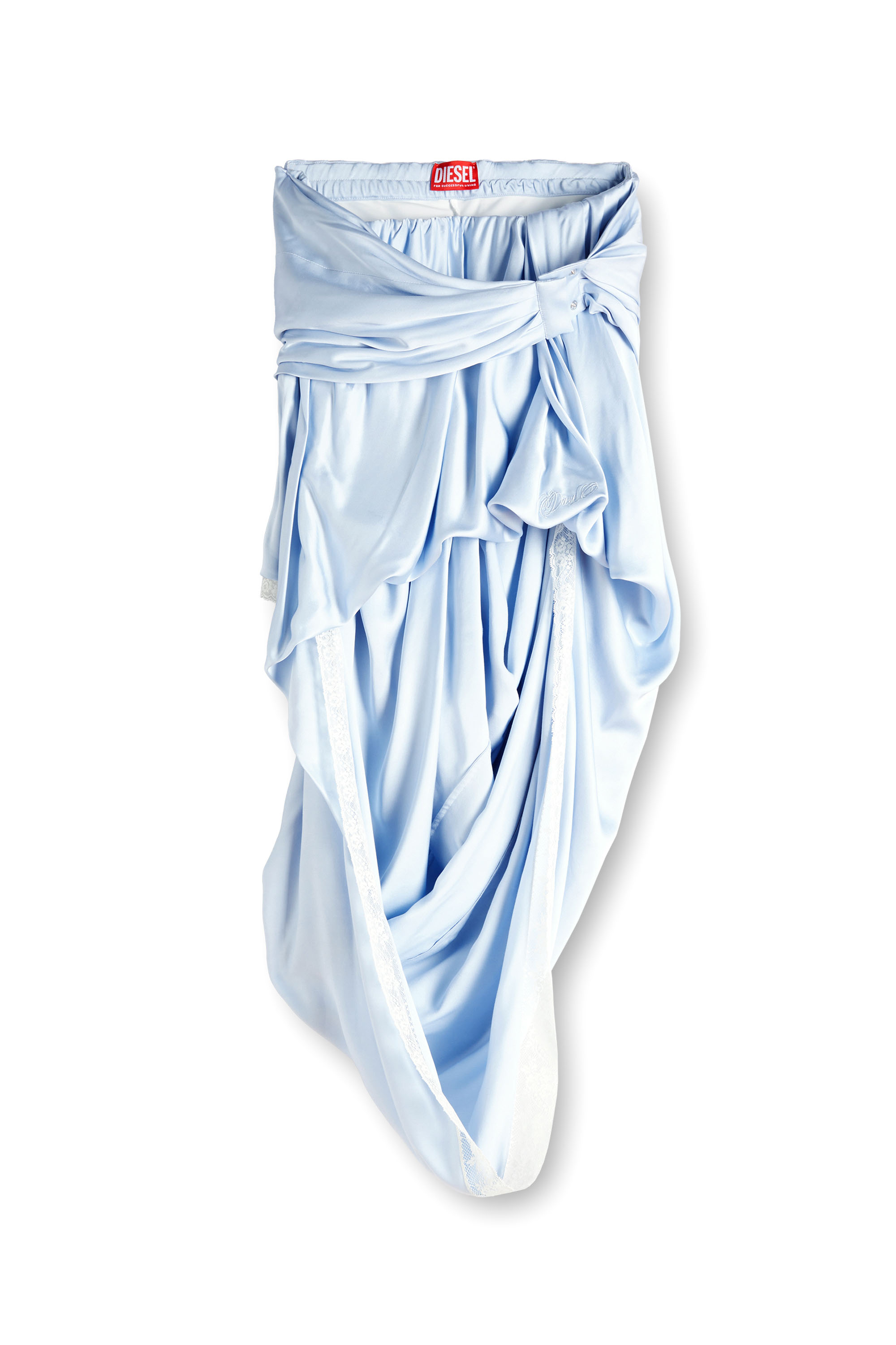 Diesel - O-WANDA, Jupe midi en satin drap&eacute;e avec finition dentelle Femme in Bleu - 2