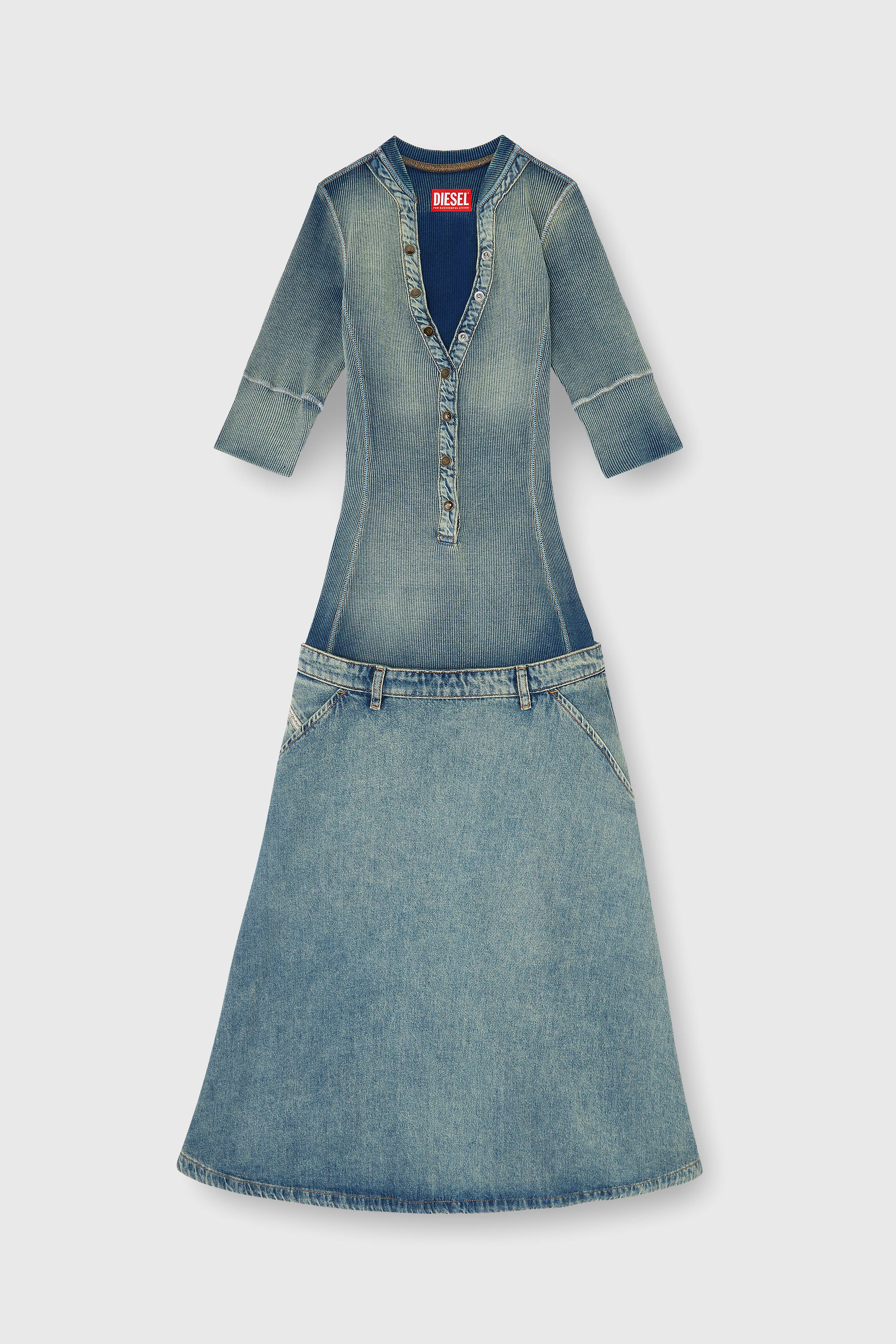 Diesel - DE-ANIM-S, Robe midi &agrave; taille basse en maille et denim Femme in Bleu - 1