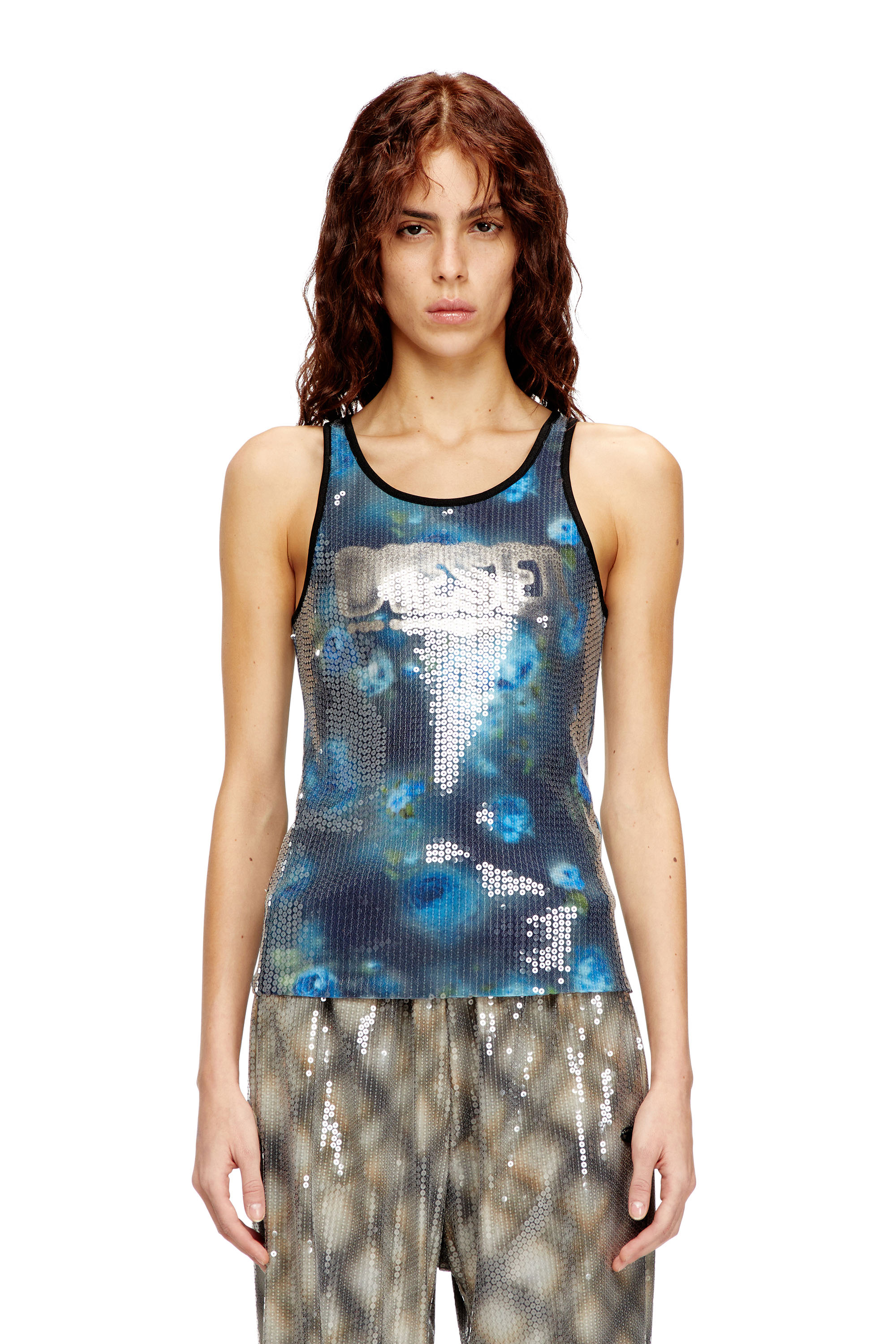 Diesel - T-UNKY, Haut en jersey à imprimé floral avec des paillettes Femme in Bleu - 1