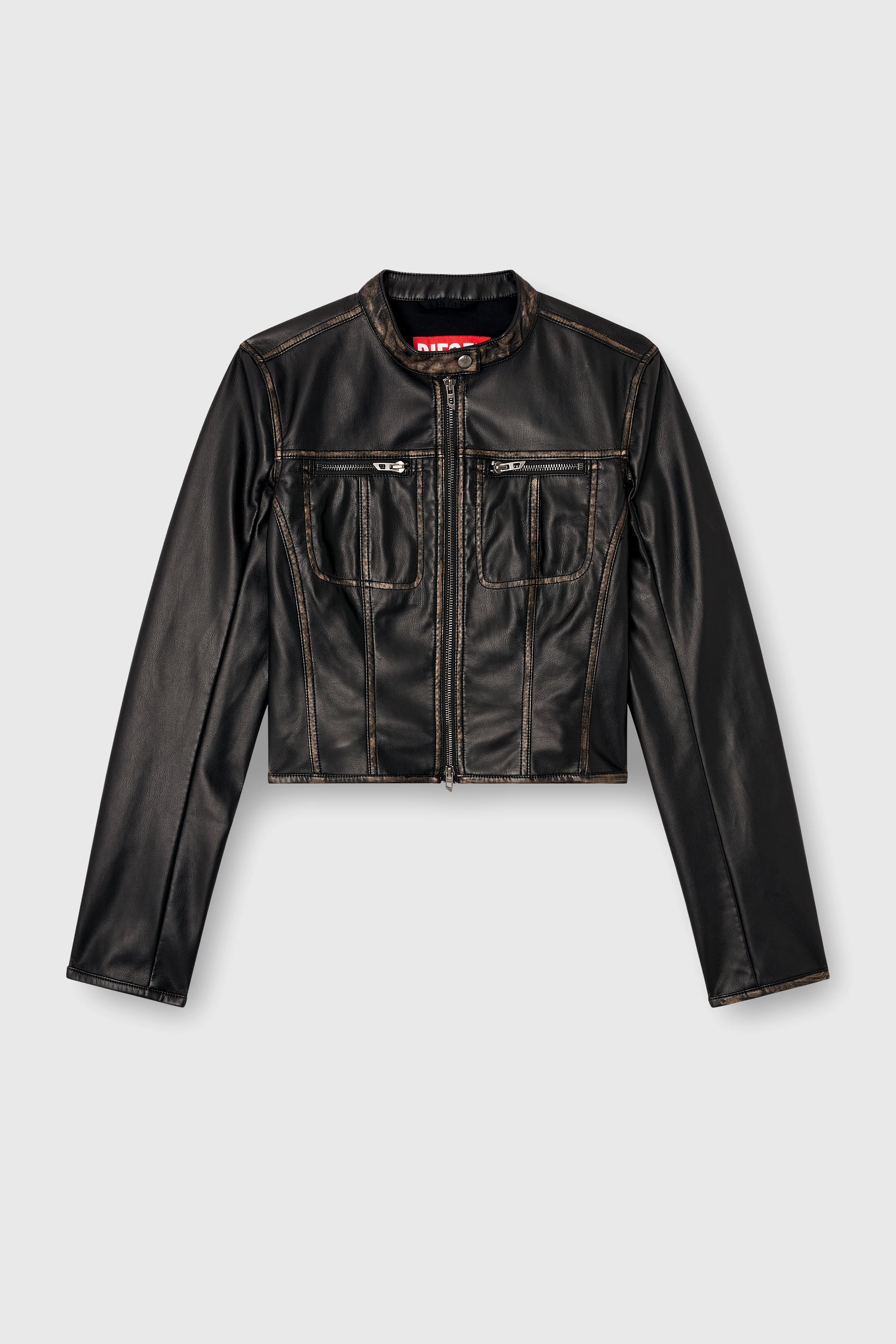 Diesel - G-LOBE, Veste biker crop effet vieilli Femme in Noir - 2