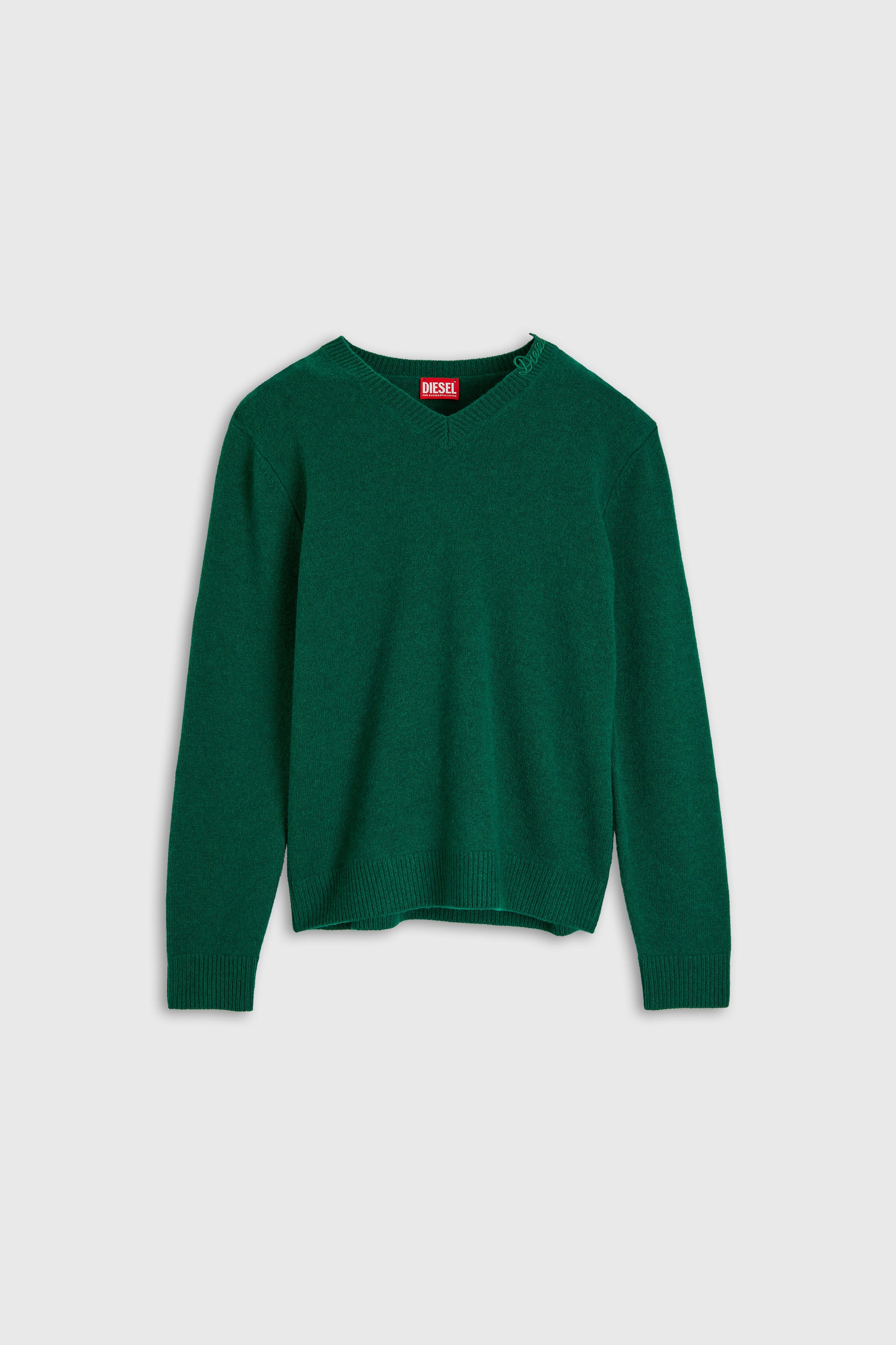 Diesel - K-IMER, Pull en laine col V avec logo sur le col Homme in Vert - 2
