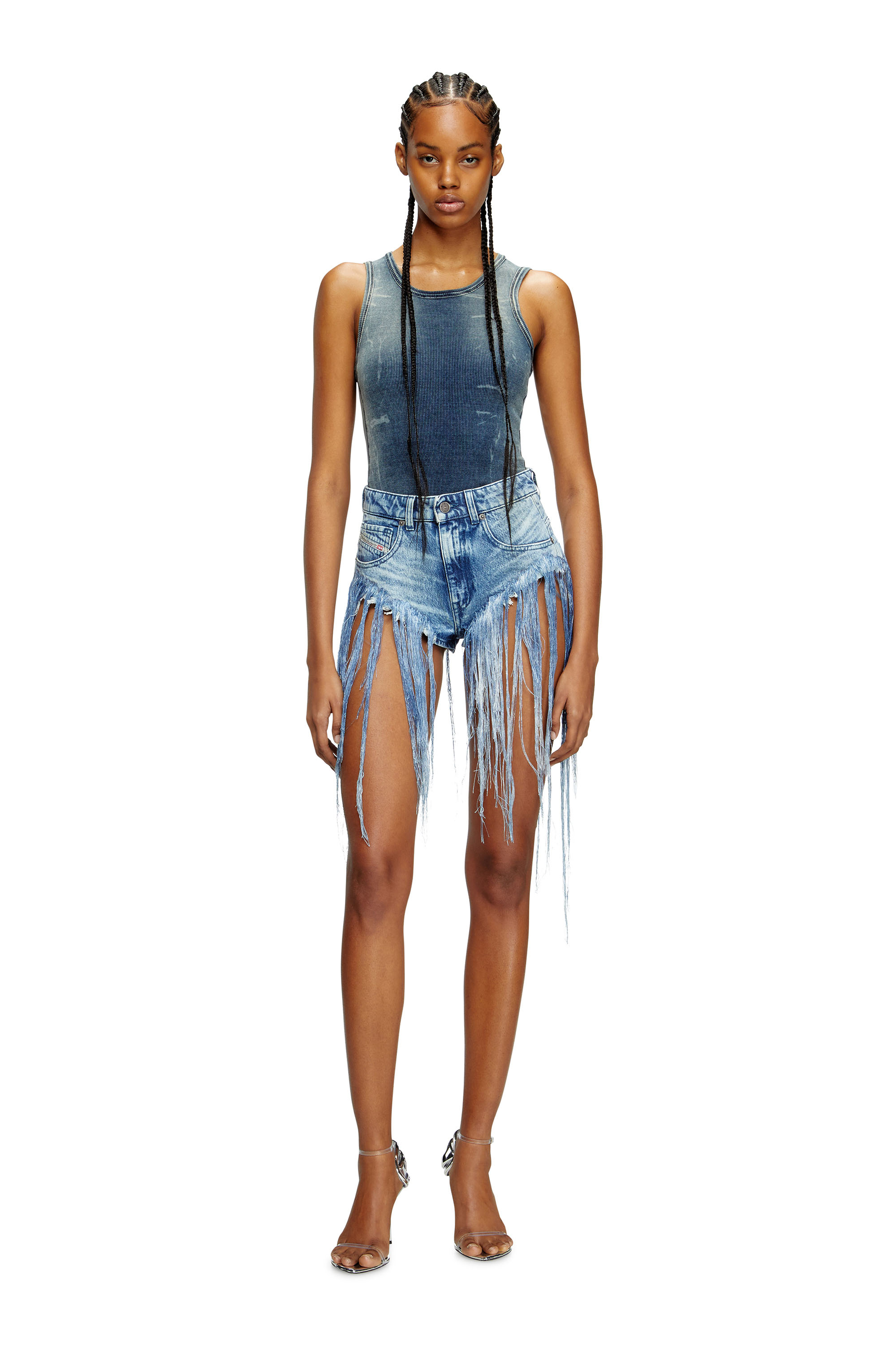 Diesel - DE-JIZZ-FSG, Short en denim effiloché à effet vieilli Femme in Bleu - 1