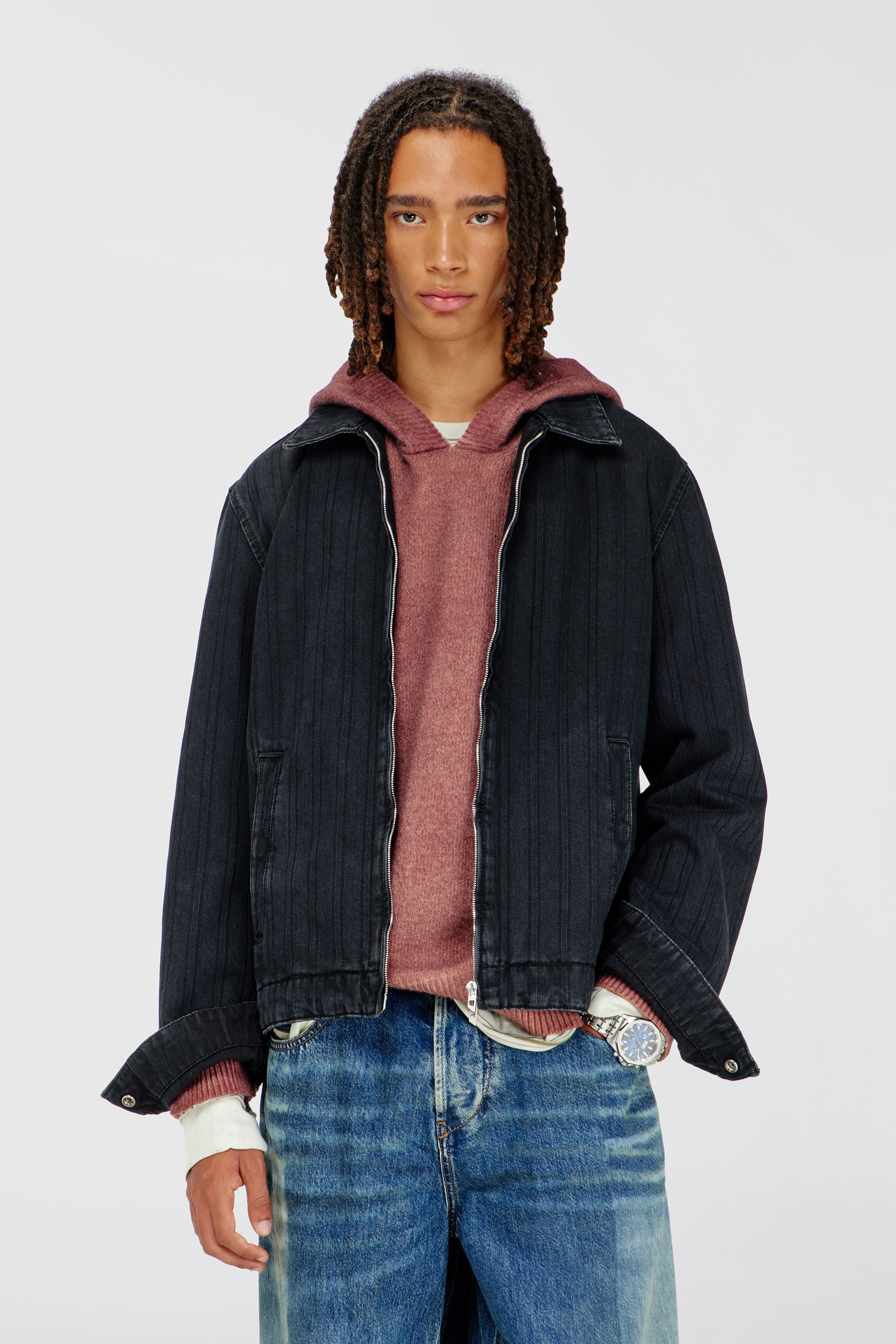 Diesel - D-ROHE, Veste en denim &agrave; rayures fines Homme in Noir - 1