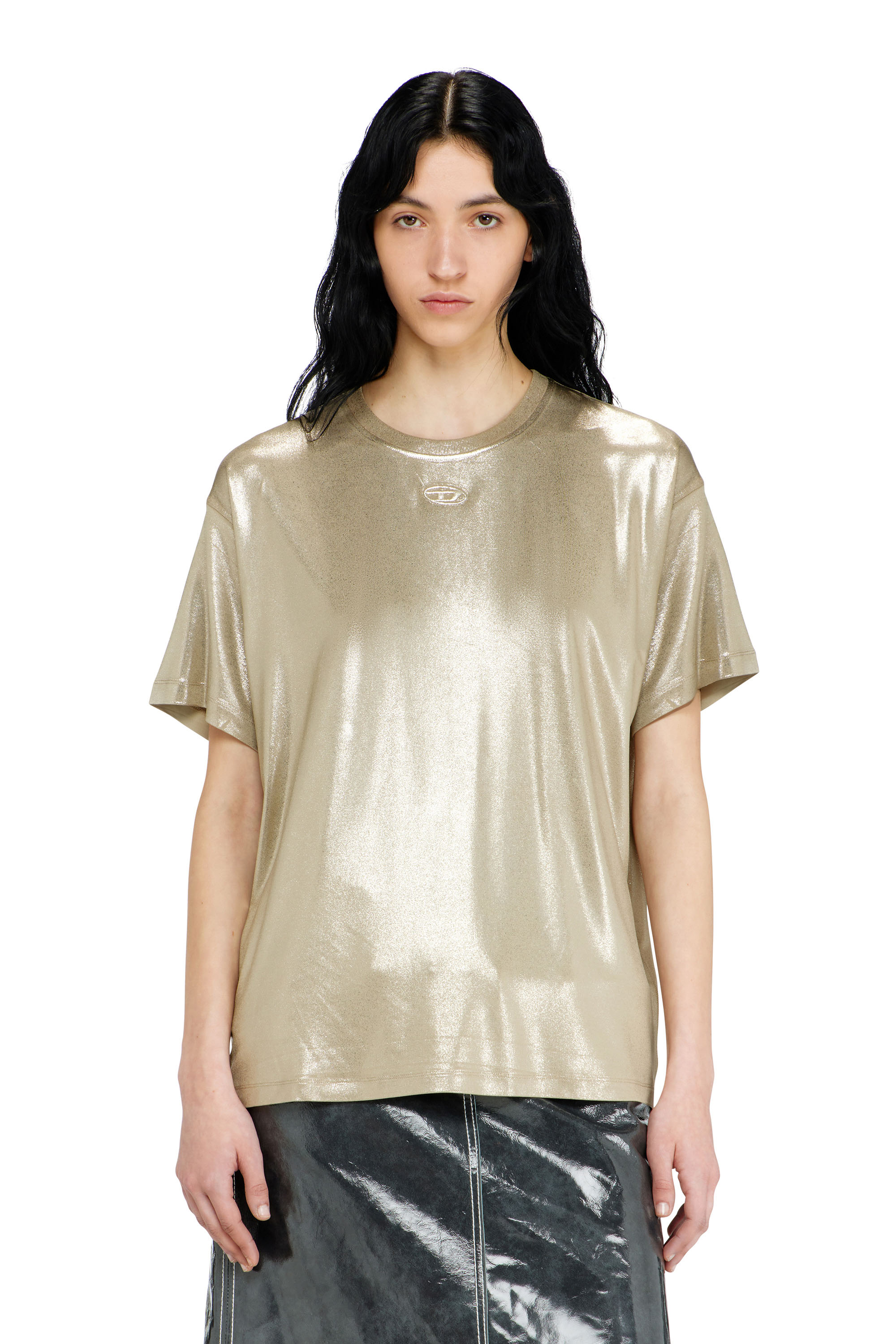 Diesel - T-NORMY-AA2, T-shirt en jersey &agrave; finition m&eacute;tallis&eacute;e Femme in Beige - 1