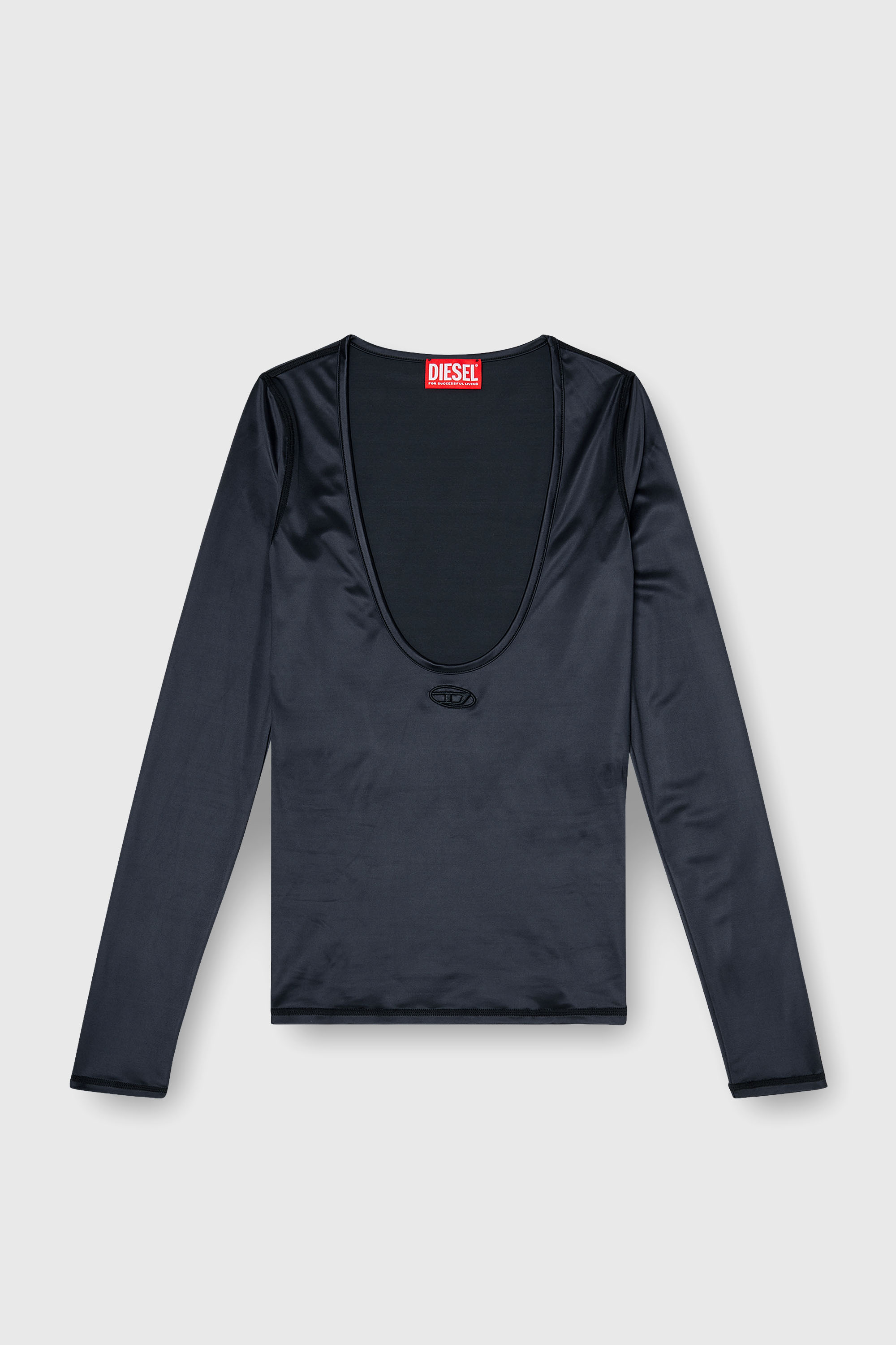 Diesel - T-ELPHIN-LS, Top slim en nylon &agrave; encolure d&eacute;gag&eacute;e avec Logo Oval D brod&eacute; Femme in Noir - 2