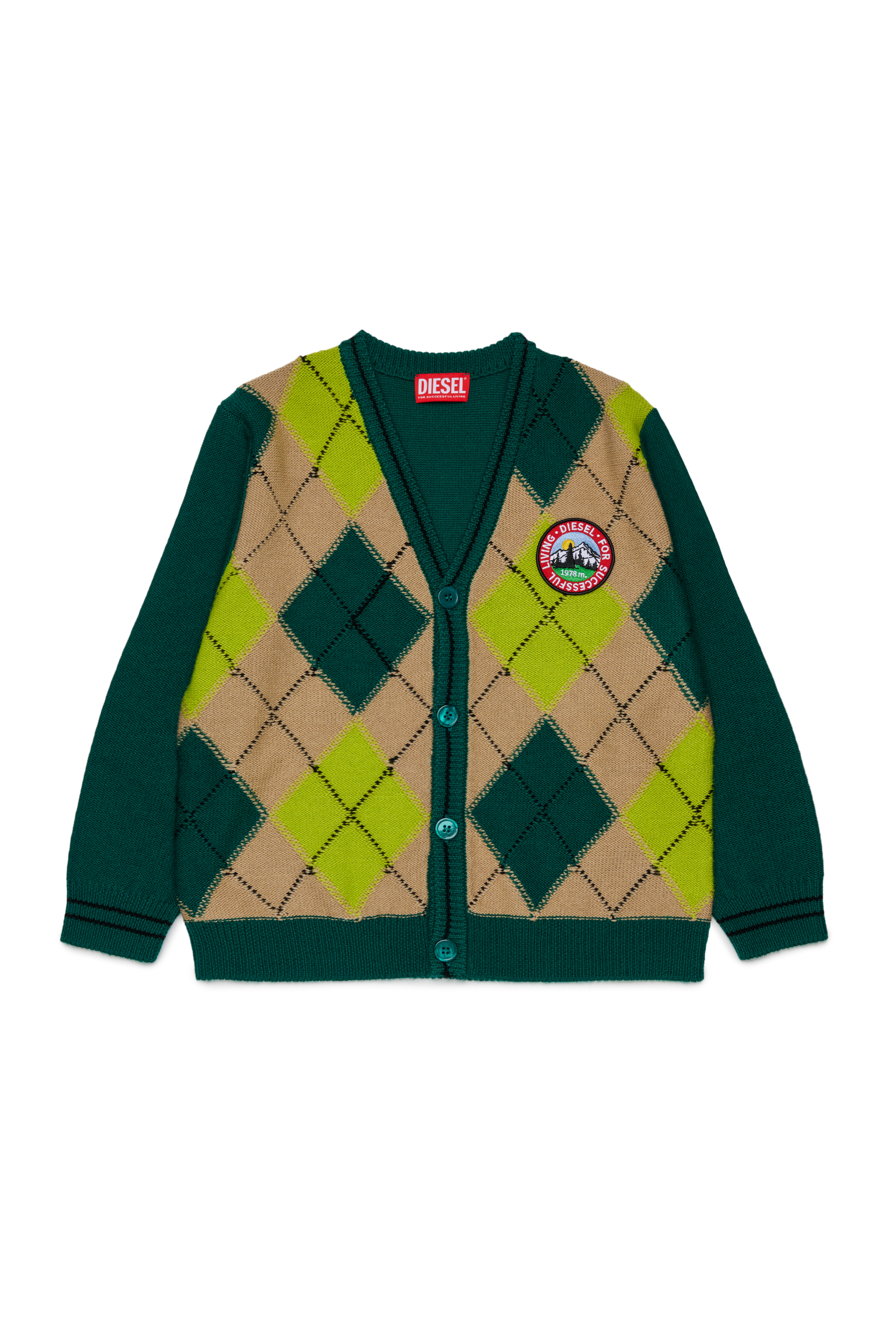Diesel - KROMYCARDIGAN OVER, Cardigan en laine m&eacute;lang&eacute;e &agrave; motif argyle Mixte in Vert - 1